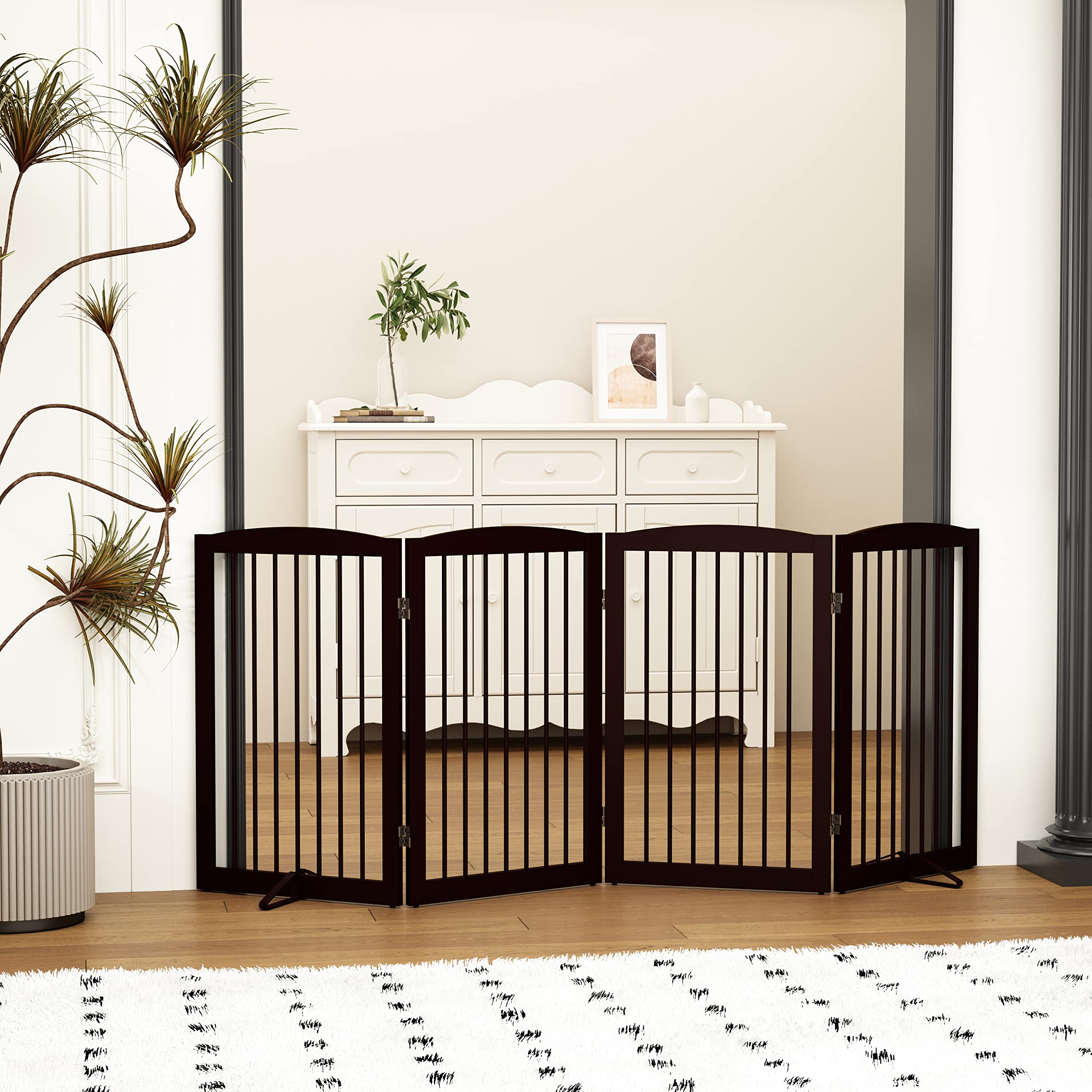 Pupetpo Freestanding Pet Gate For Dogs, Indoor Wooden Dog Gate For House, Foldable Dog Gate For Doorway, Stair,Hall, Step Over Pet Puppy Safety Fence Tall, 80 Inch Wide, 4 Panel 32',Brown