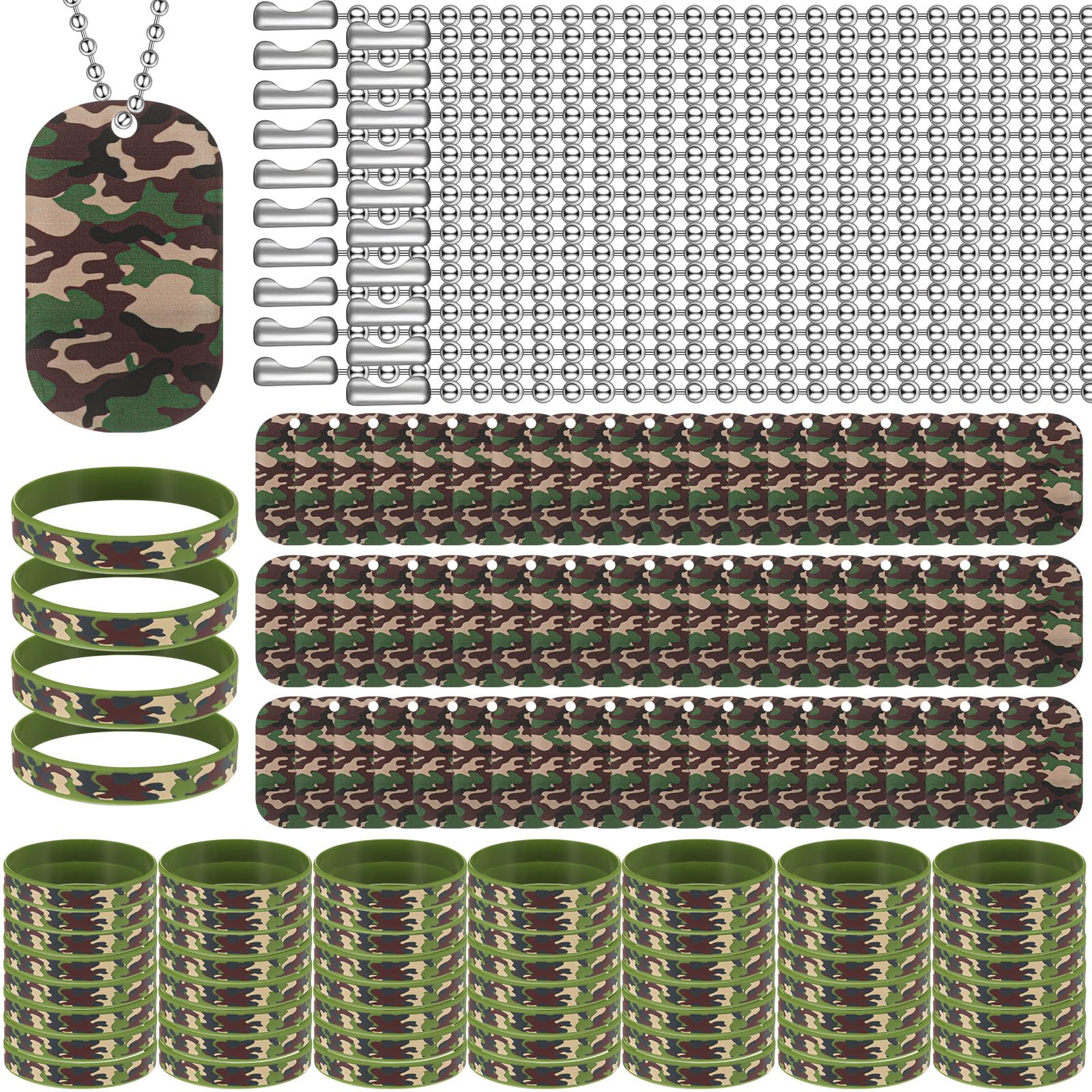 Maitys 90 Pcs Camouflage Military Dog Tags Set Including Military Dog Tags Camouflage Rubber Wristbands Chain for Kids Women Men