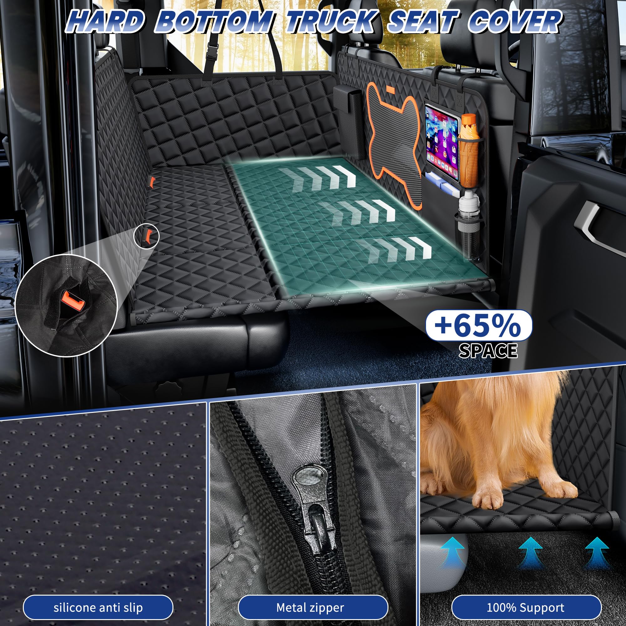 Truck Dog Seat Cover Back Seat, Backseat Extender Hard Bottom Heavy-Duty 400Lbs Holding For Larger Dogs Anti-Slip Waterproof Pet