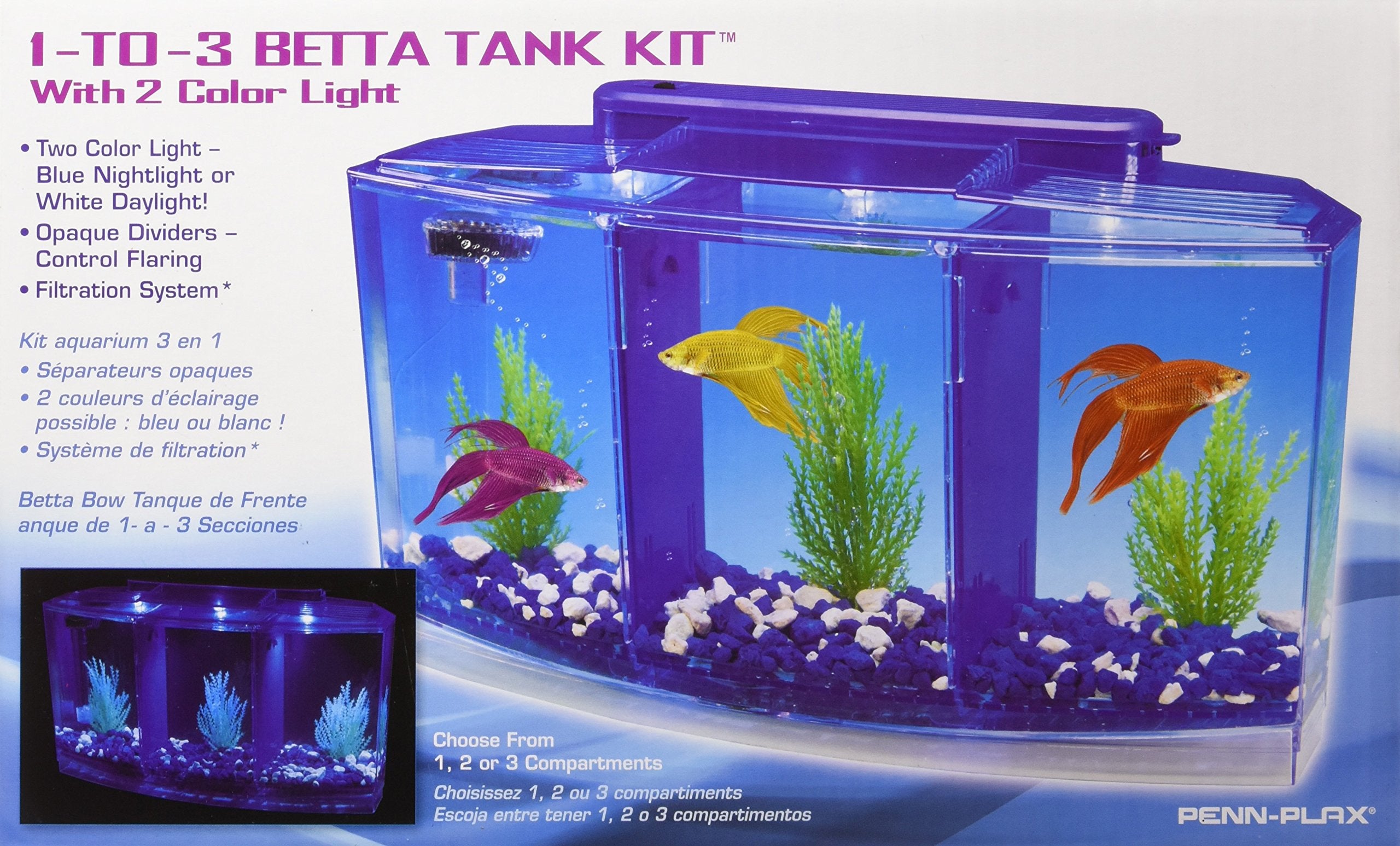 Penn-Plax Deluxe Triple Betta Bow Aquarium Tank - Includes Under Gravel Filter & Plastic Plants - 0.7 Gallon