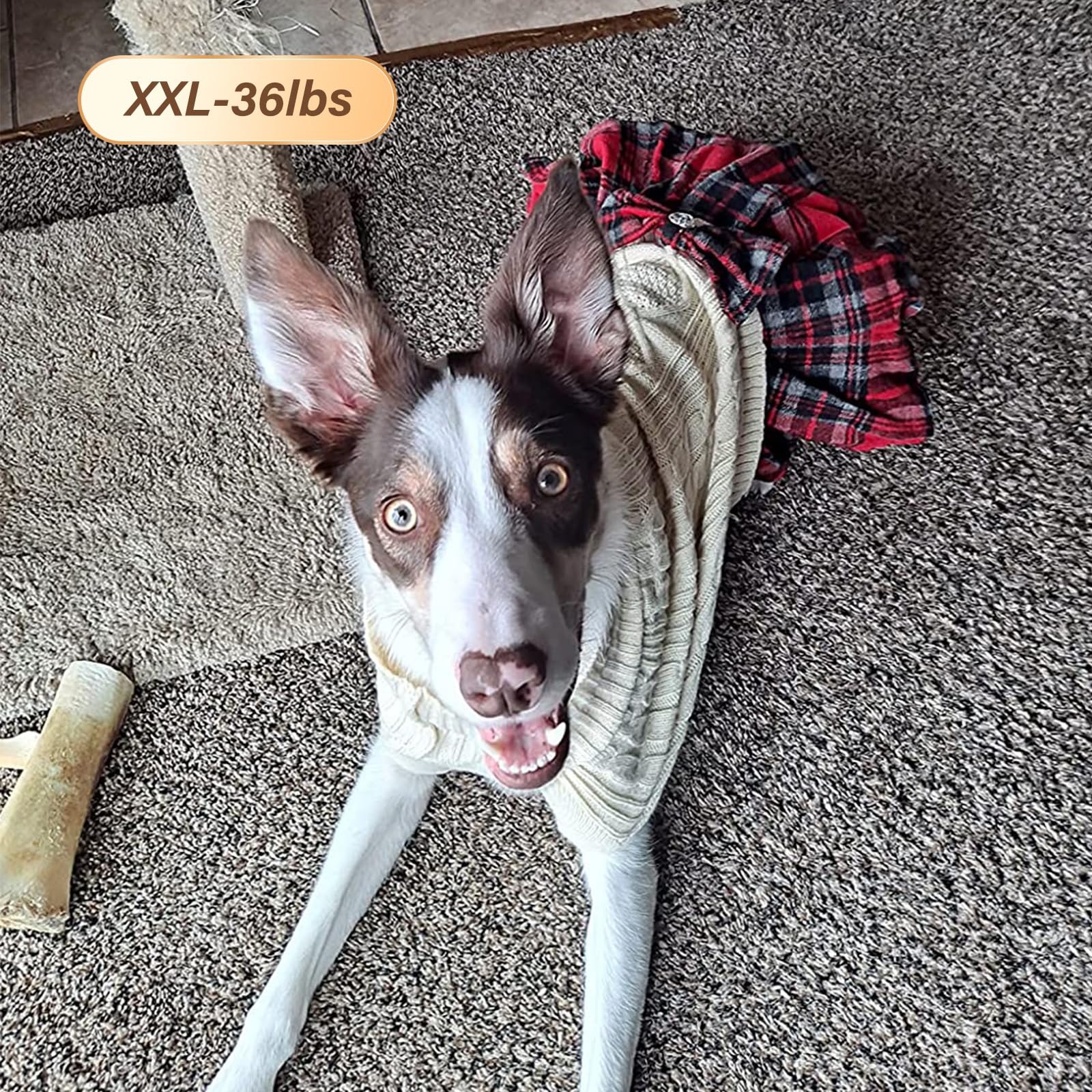 Kyeese Dog Sweaters Dress For Medium Dogs With Bowtie Turtleneck Red Dog Knitwear Plaid Pattern Warm Pet Sweater Beige