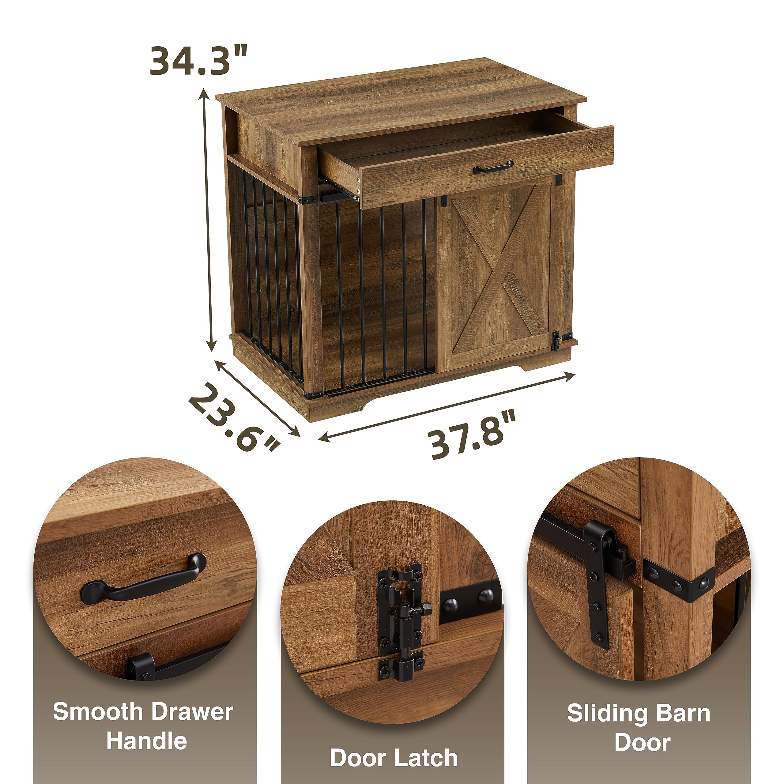 EDYO LIVING 38 Large Dog Crate Furniture with Sliding Barn Door, Wooden Dog Kennel with Drawer for Storage, Water Resistant Indo