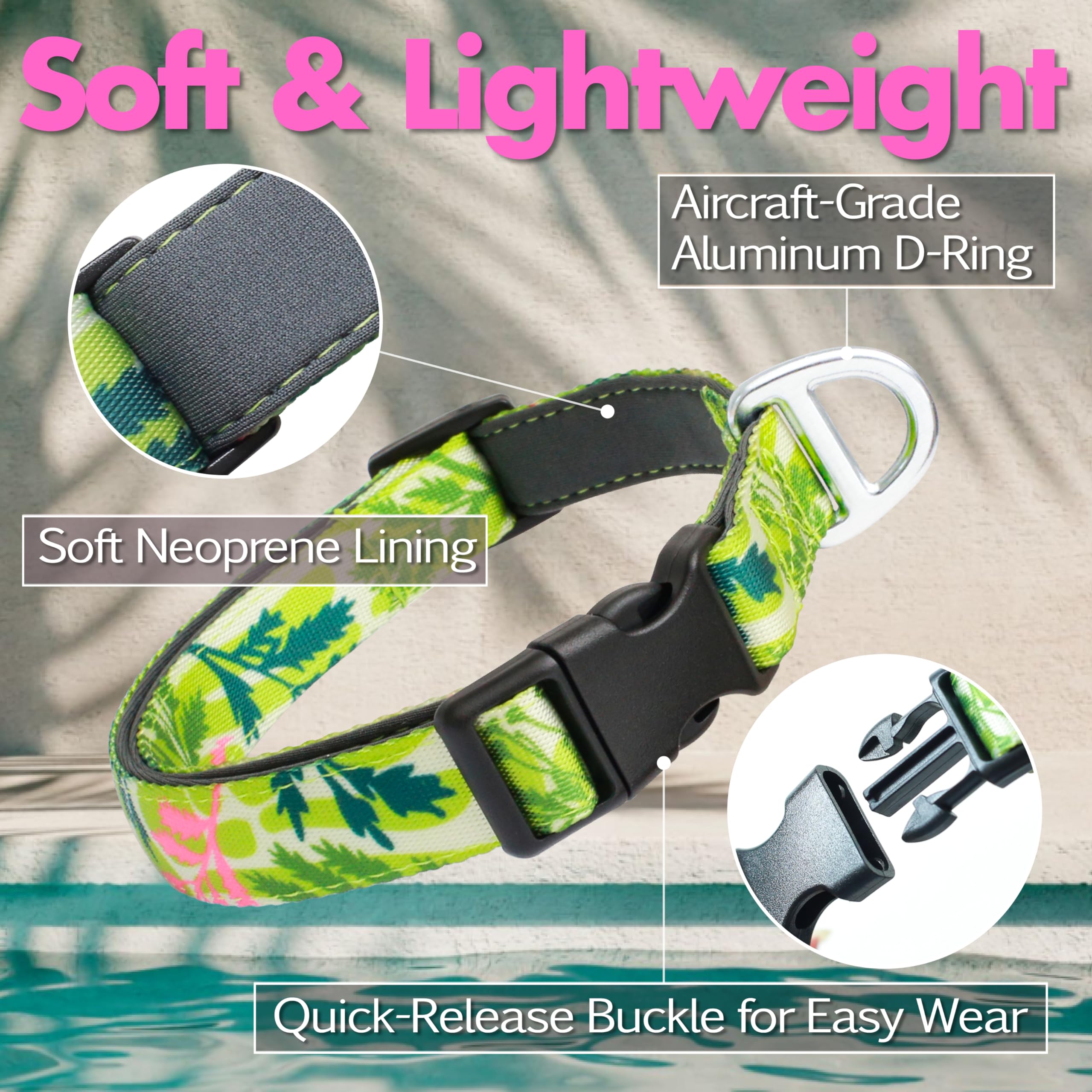 Jc House Small Dog Collar With Reflective Logo And Soft Padded Neoprene,Summer Tropical Leaf Design, Adjustable,Lightweight & Du