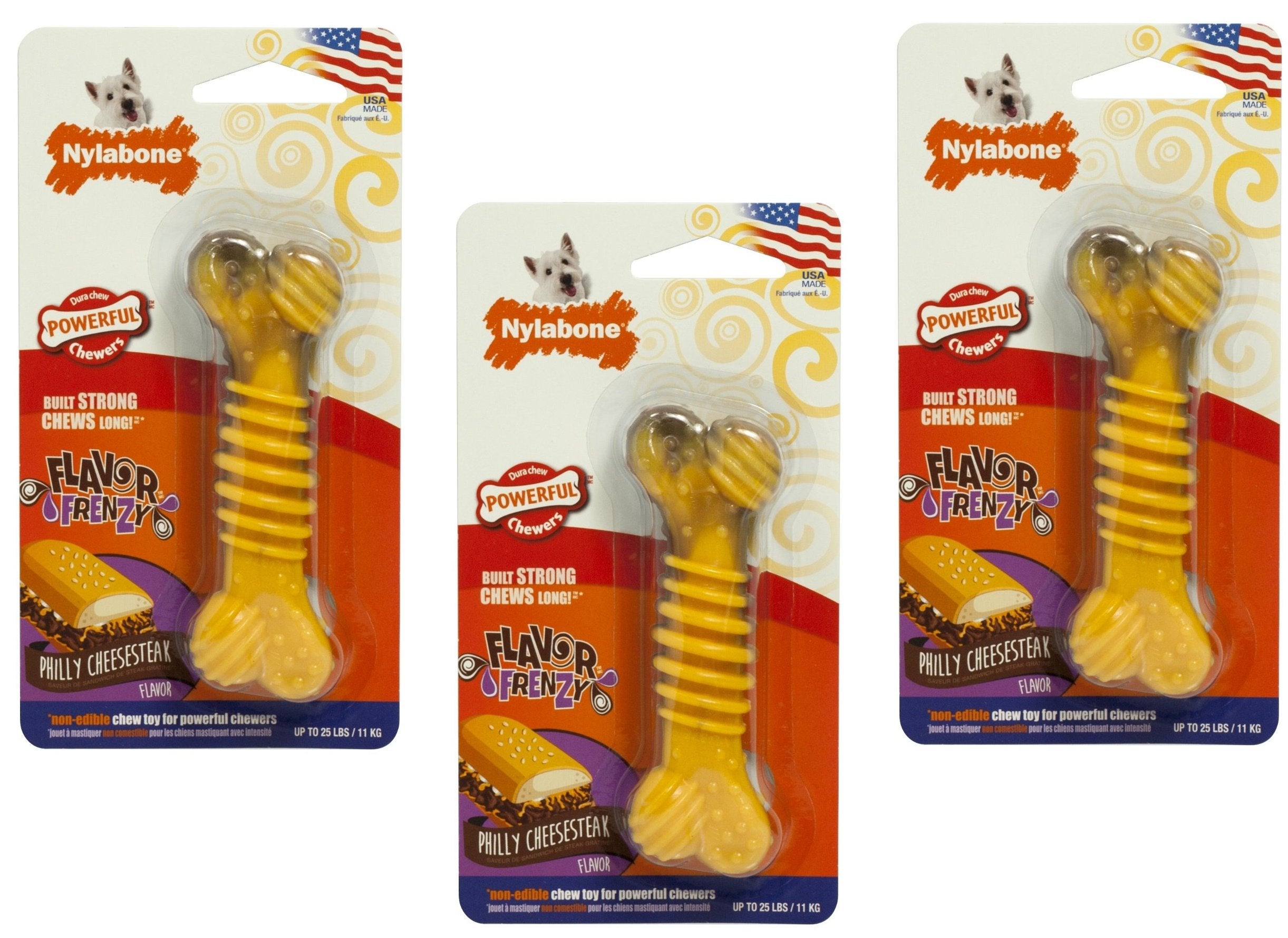 Nylabone (3 Pack) Flavor Frenzy Dura Chew Cheesesteak Flavored Bone Dog Chew Toys - Size Regular