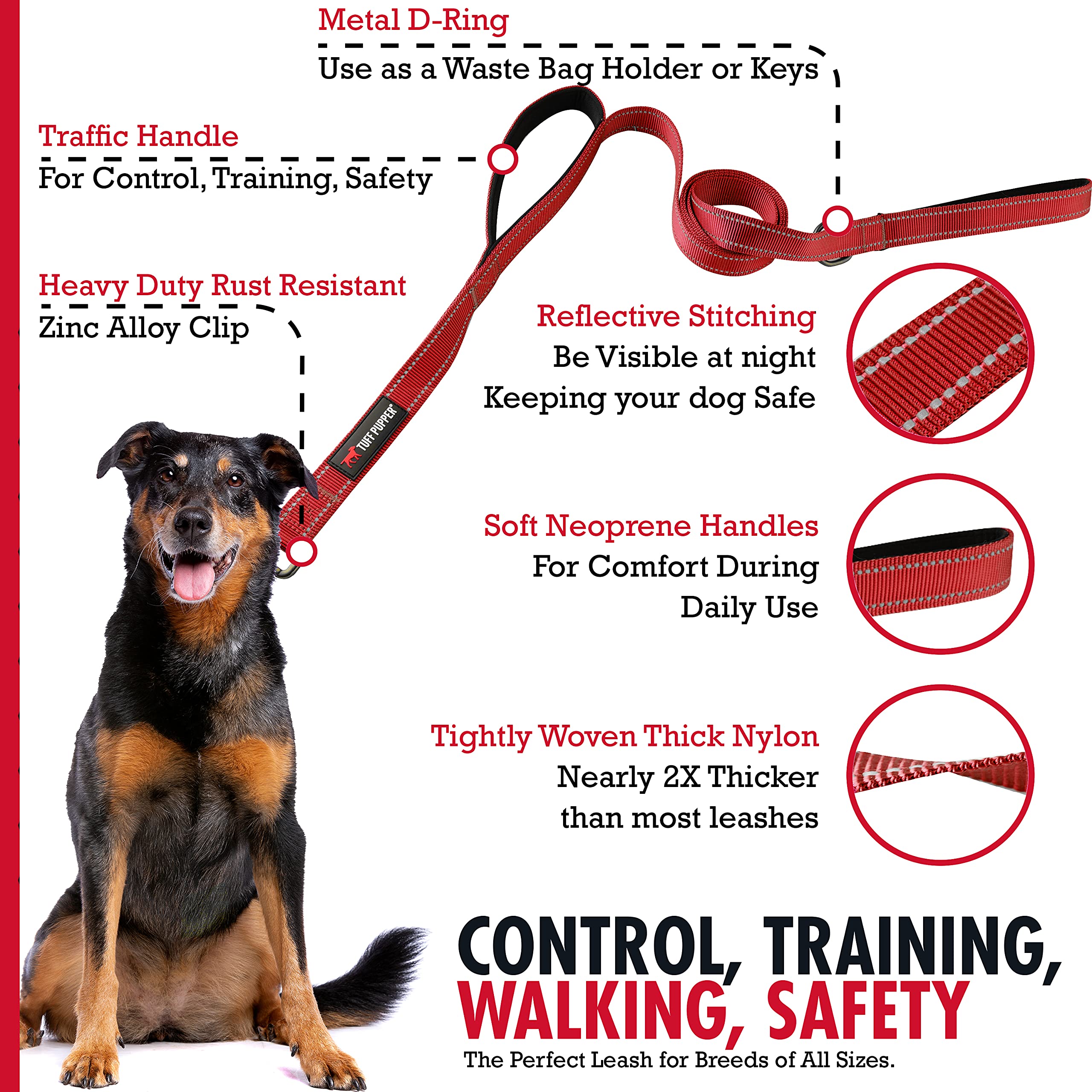 Tuff Pupper Heavy Duty Double Handle Leash - Twist Lock Carabiner Clip For Strong Medium & Large Dogs - Reflective, 6Ft