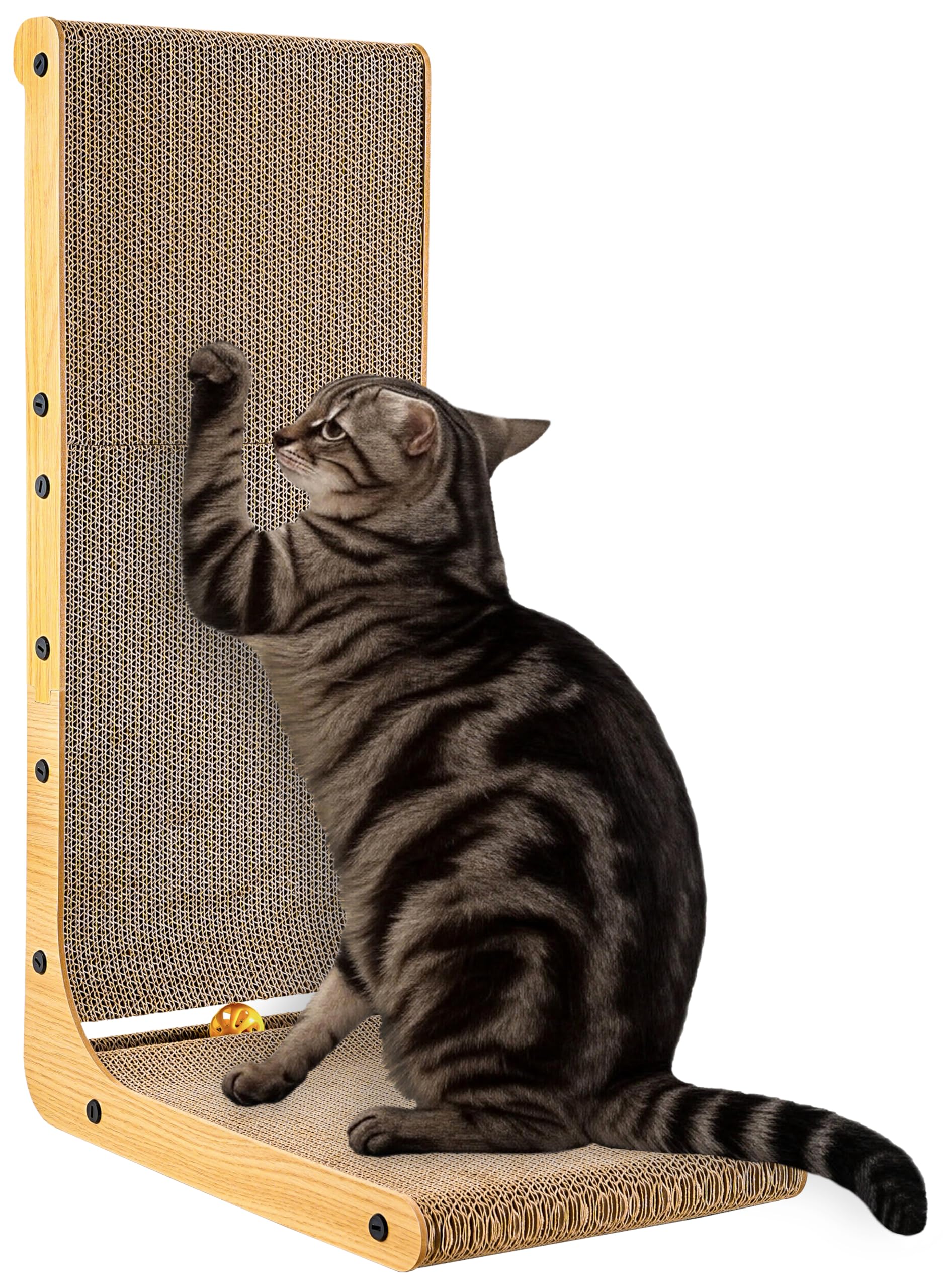 Cat Scratcher, 26.8 Inch L-Shaped Cat Scratch Pad with Wall-Friendly Arc, Cardboard Cat Scratching Board with Ball Toy for Indoo