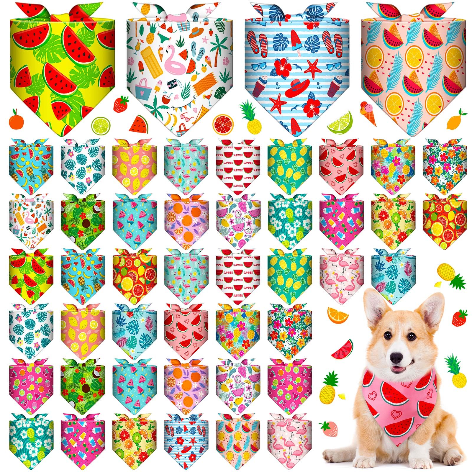 Chicingyou 48 Pcs Dog Bandanas Summer Bulk Hawaiian Fruit Dog Bandanas Puppy Triangle Scarf Bibs Washable Adjustable Pet Kerchie