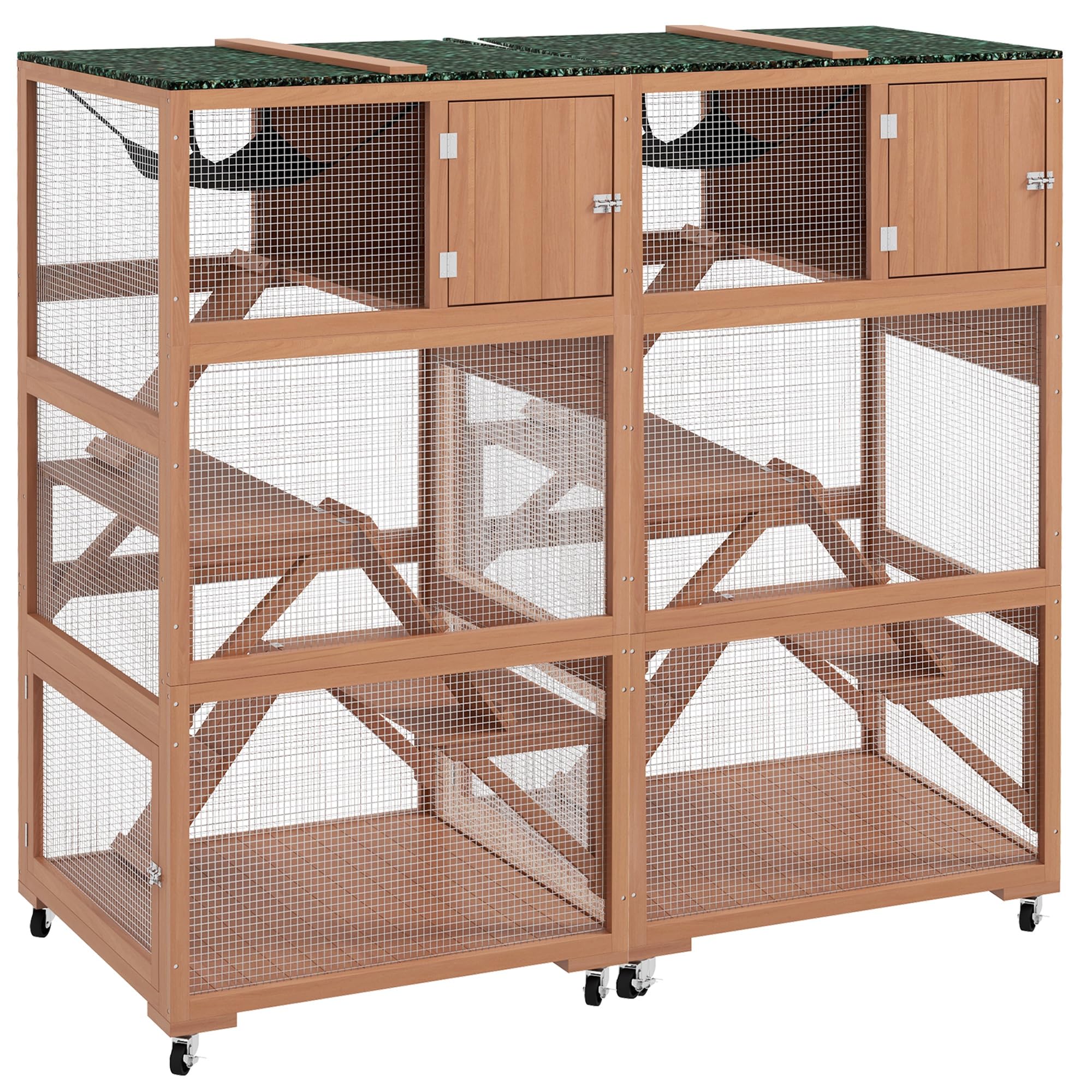 Pawhut 2 Piece Catio, Outdoor Cat Enclosure House, Wooden Feral Cat Shelter On Wheels, Cat Cage With Hammocks, Platforms Ramps, 