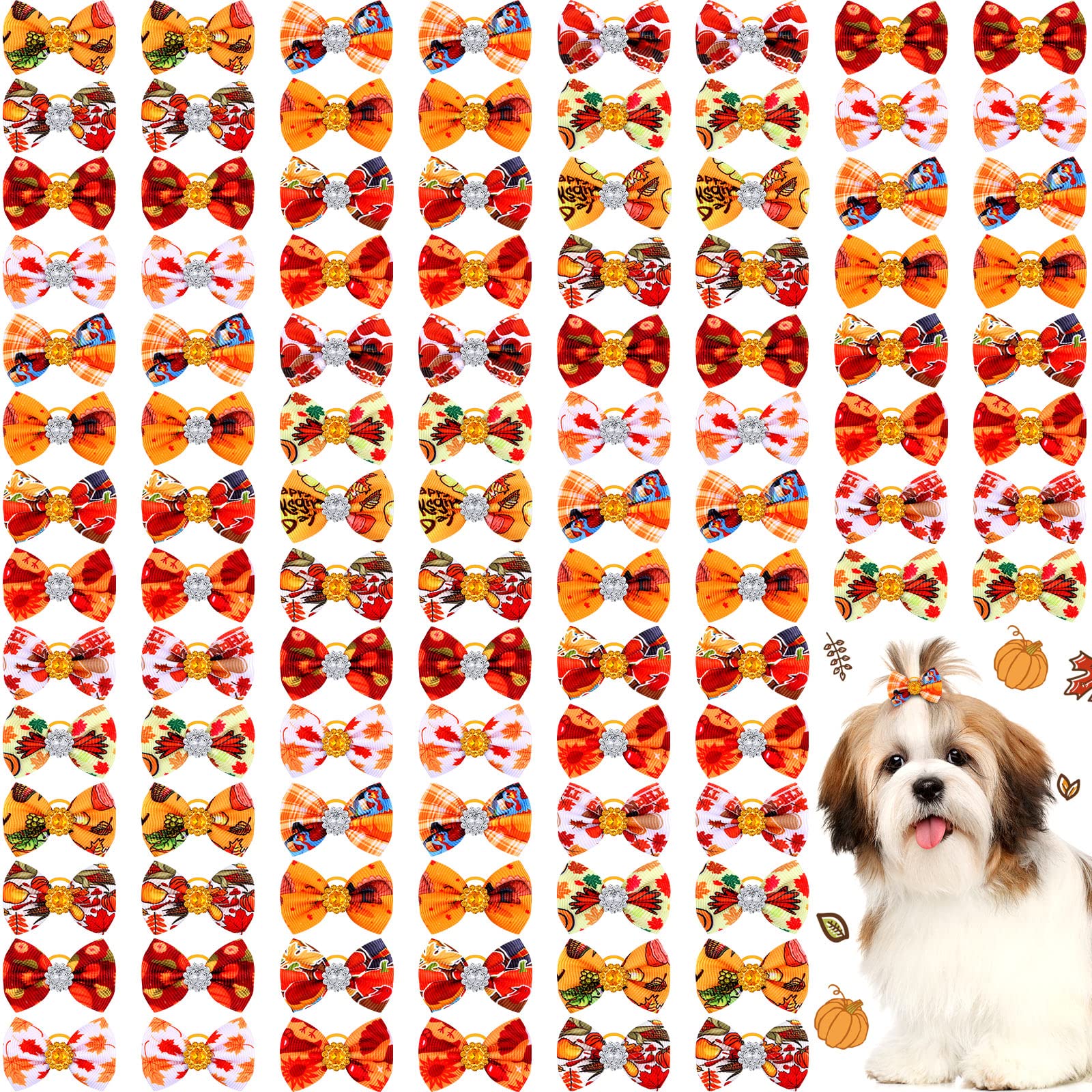 Tondiamo 100 Pack Fall Dog Hair Bows For Thanksgiving Day Dog Hair Bows With Rubber Bands Puppy Rhinestone Grooming Pumpkin Turk