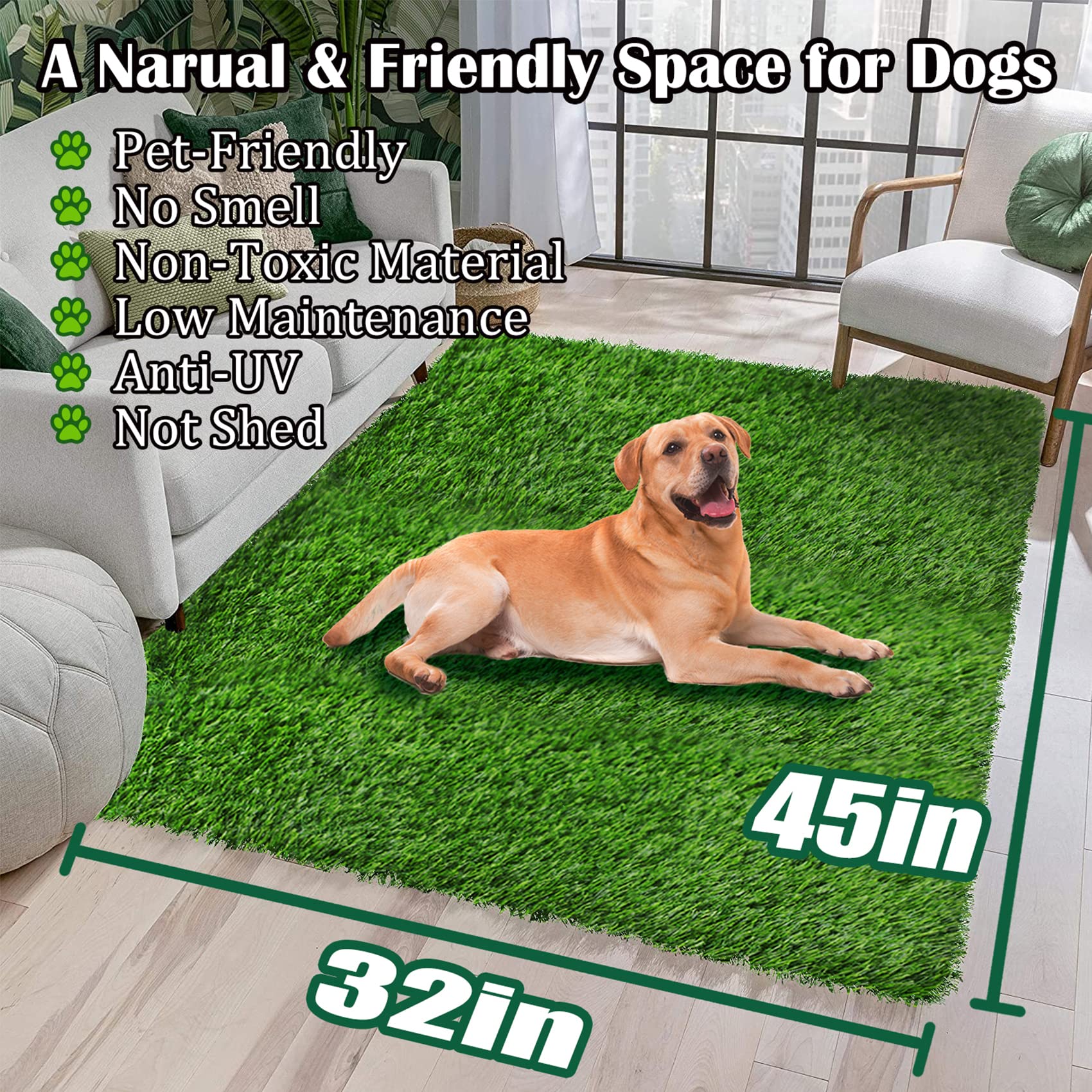 Globreen Dogs Artificial Grass Pee Pads, Puppy Potty Training Turf, Pets Fake Grass Mat For Indoor Outdoor, 45' X 32'