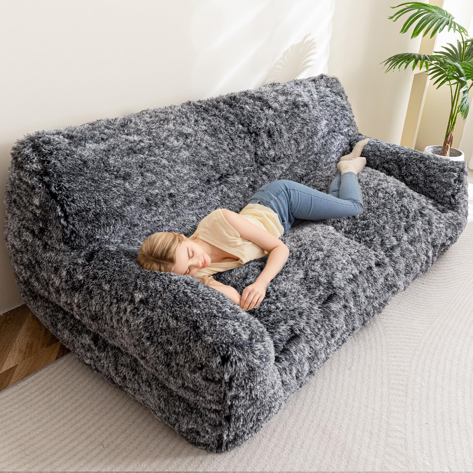 Higogogo Giant Human Dog Sofa Bed, Big Comfy Floor Sofa Couch For Pet Families With Foam Chunk Supportive Mat, Fluffy Faux Fur O