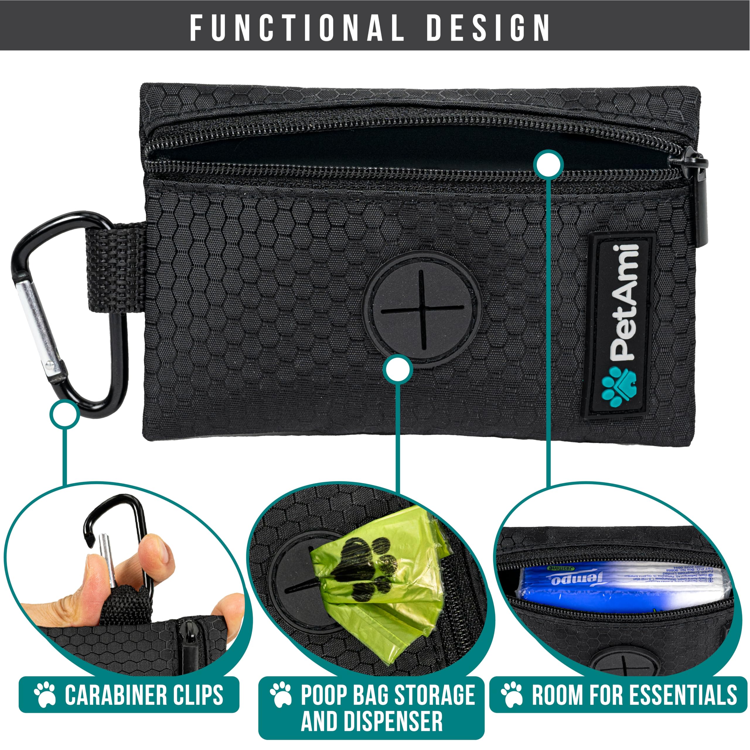 Petami Dog Poop Bag Holder For Leash, Dog Poop Bag Dispenser With Clip, Dog Waste Bag Holder For Pet, Dog Treat Pouch, Doggy Walking Camping Accessories With Trash Bag Roll, Black 1 Pack