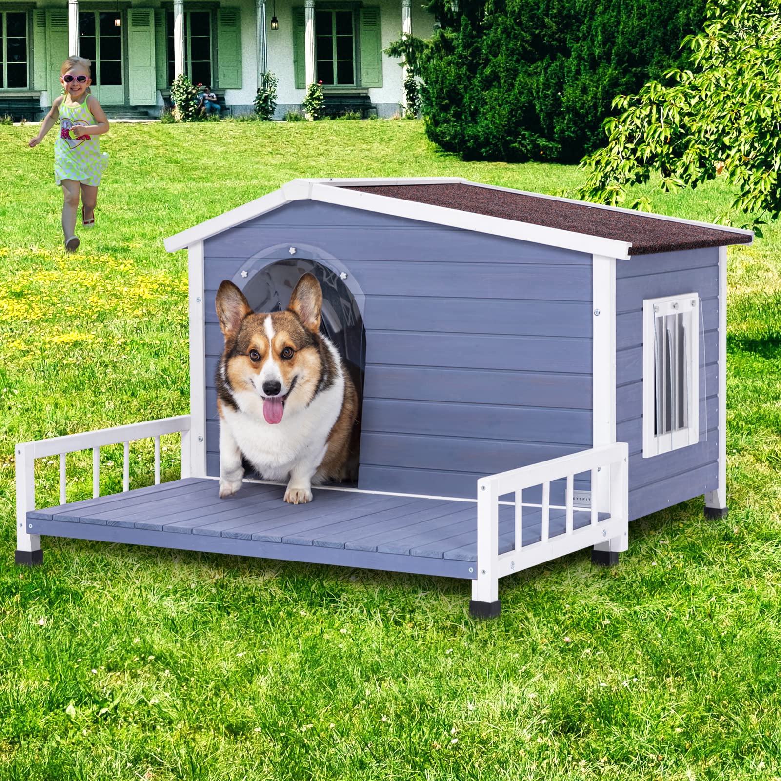 Yopto Wooden Dog House With Detachable Patio And Open Waterproof Asphalt Roof,Outdoor Dog Kennel W/Side Window,Front Door Design