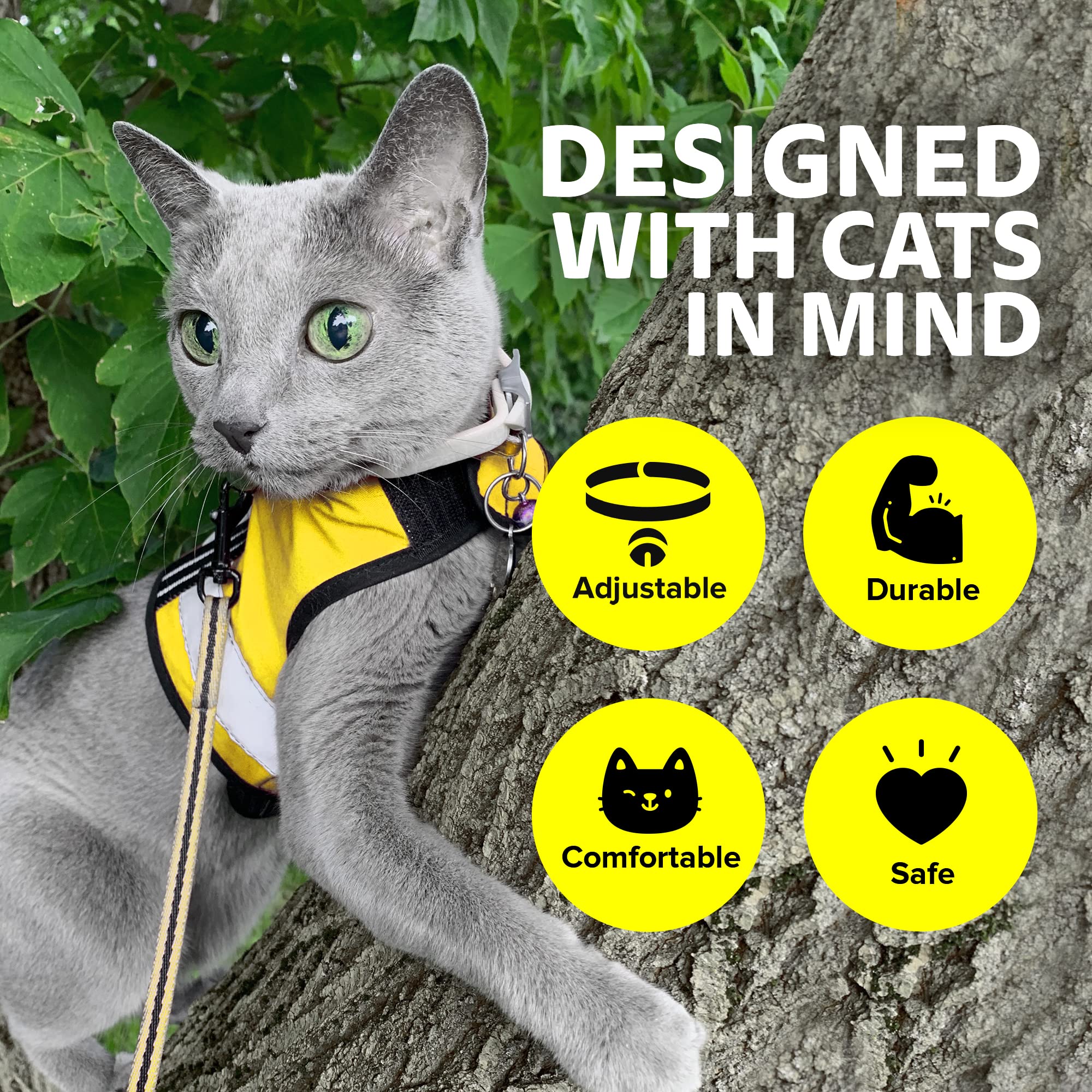 Kitty Holster Reflective Cat Harness - High-Visibility Cat Vest For Day & Night | Secure, Breathable And Washable Cotton | Ideal For Walking & Traveling - Sunshine Yellow, S To M