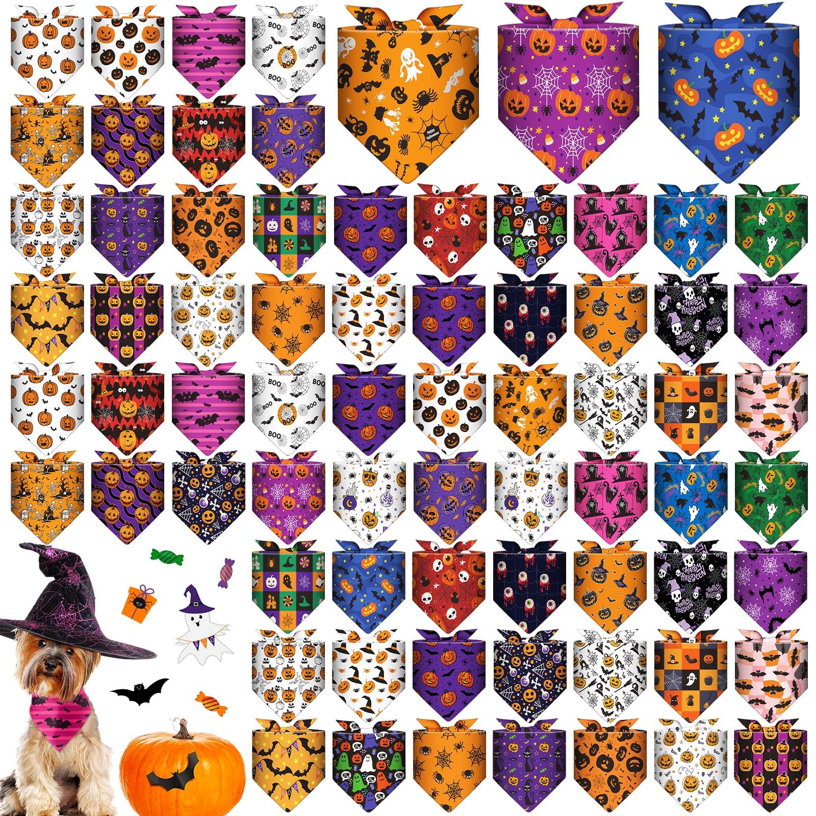 Sanwuta 72 Pcs Halloween Dog Bandana Bulk Washable Puppy Triangle Scarfs Halloween Pumpkin Cat Bandanas Adjustable Soft Pet Tria