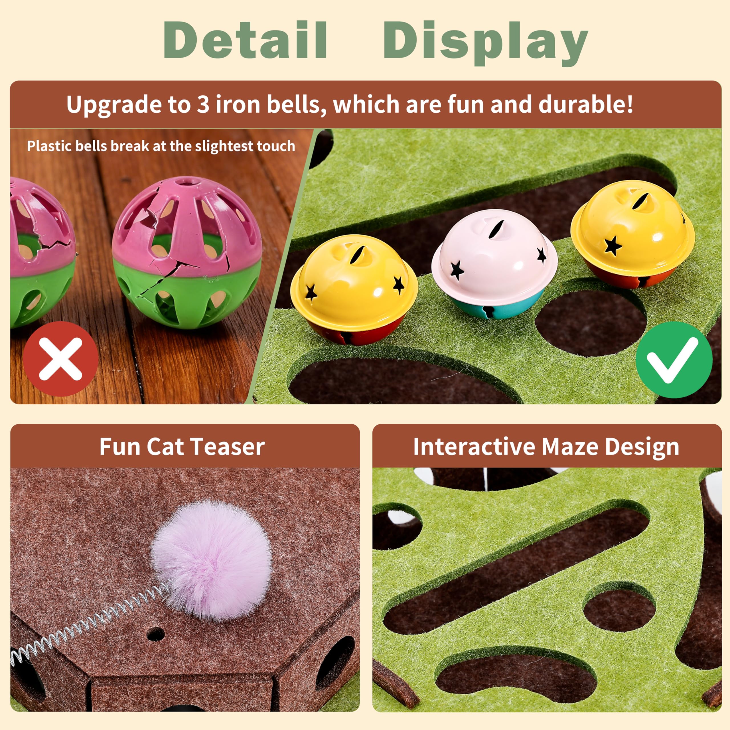 Interactive Cat Puzzle Toy for Indoor Cats, Felt Maze Box with 3 Bell Balls,Self-Play Exercise Toy for Bored Cats, Fun Hide & Se