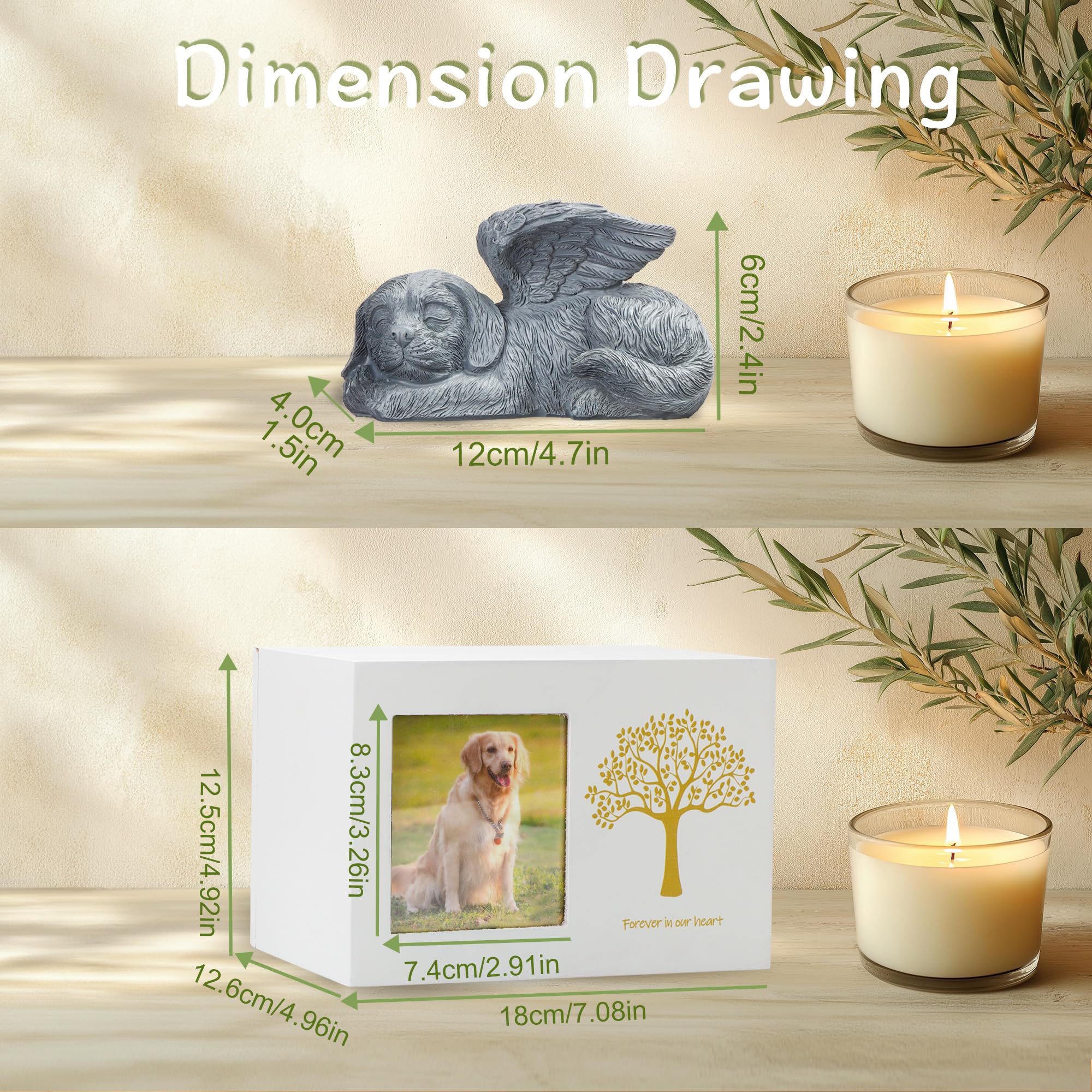 Didibirdi Pet Urn For Dog Ashes, Tree Pattern Wooden White Keepsake With Photo Frame, Memory Box With Resin Animal Statue And Se