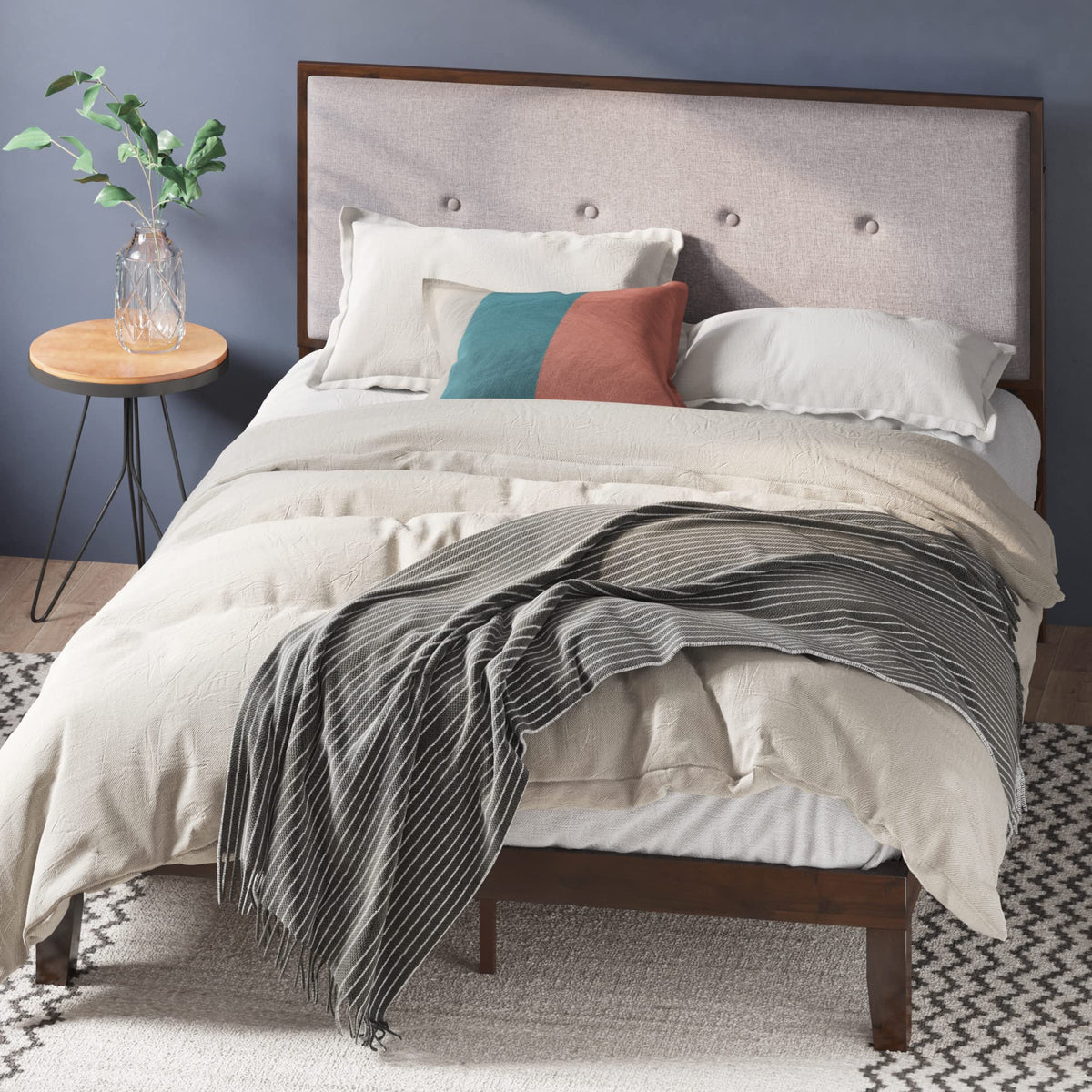 Zinus Moiz Wood Platform Bed Frame With Adjustable Upholstered Headboard  Solid Wood Bed  Wood Slat Support  No Box Spring Neede