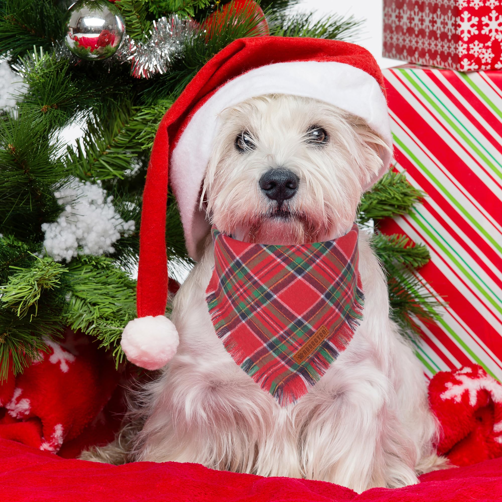 Adoggygo Christmas Dog Bandanas With Tassels Edges, Stylish Plaid Dog Christmas Scarf Bib, Multiple Sizes Offered, Plaid Bandanas For Small Dogs (Christmas-1, Small)