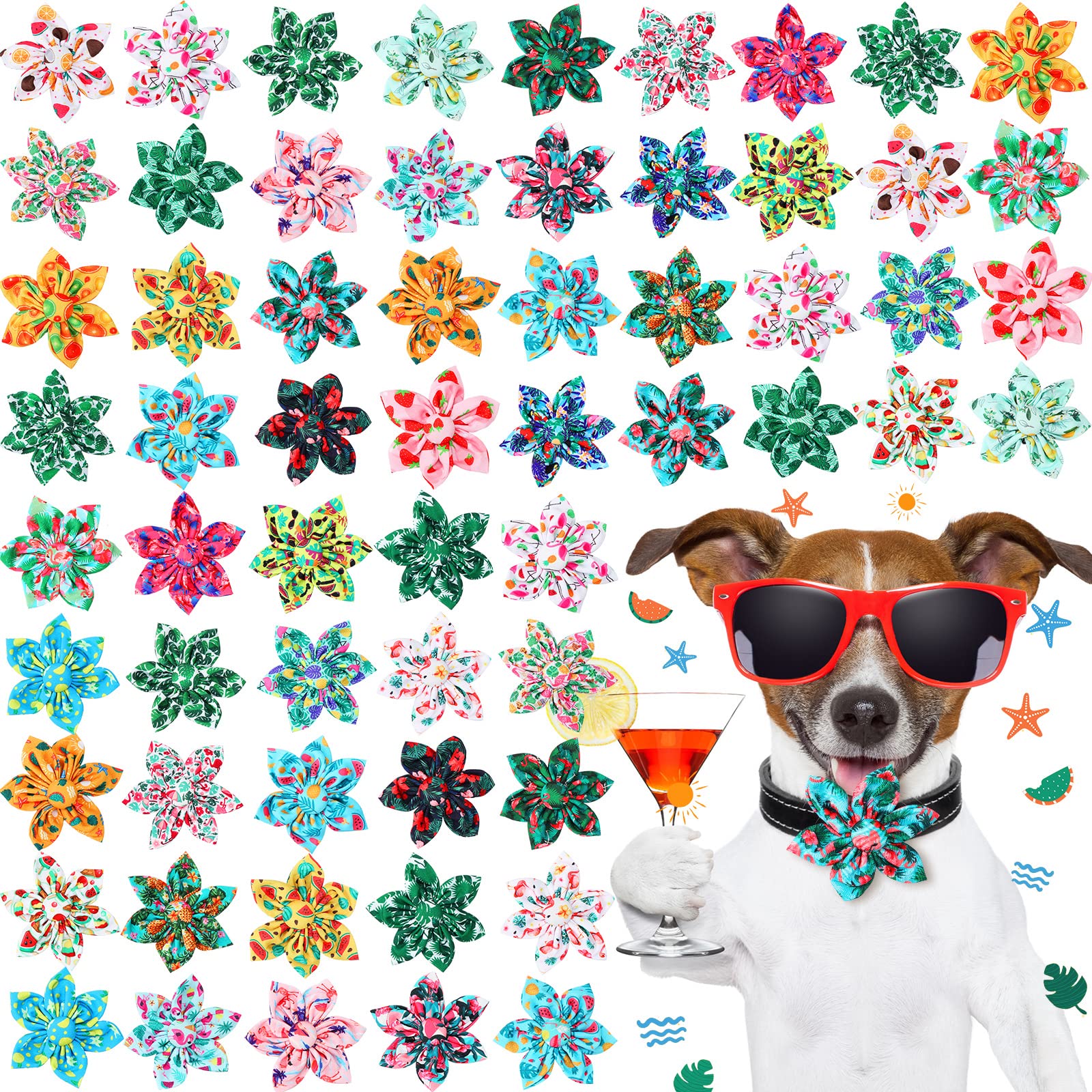 Cunno 60 Pcs Dog Collar Flowers Bulk Summer Hawaiian Dog Bow Ties Dog Collar Accessories Pet Charms Grooming Flamingo For Small 