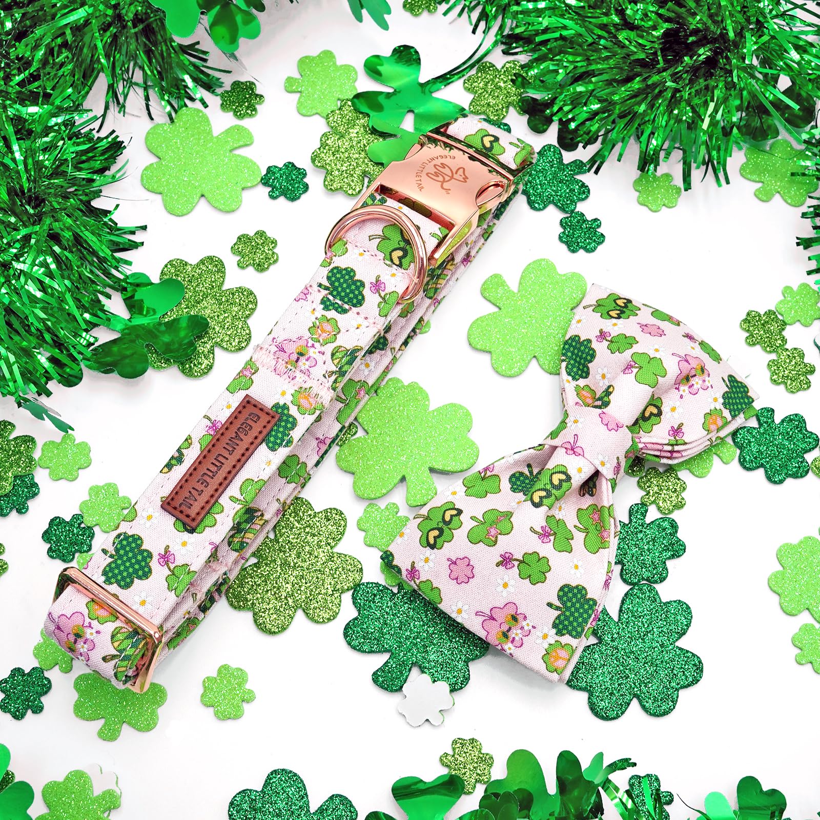 Elegant little tail St Patrick's Dog Collar, Cute Colver Cotton Shamrock Pet Collar Trefoil Soft Puppy Collar Pink Holiday Adjus