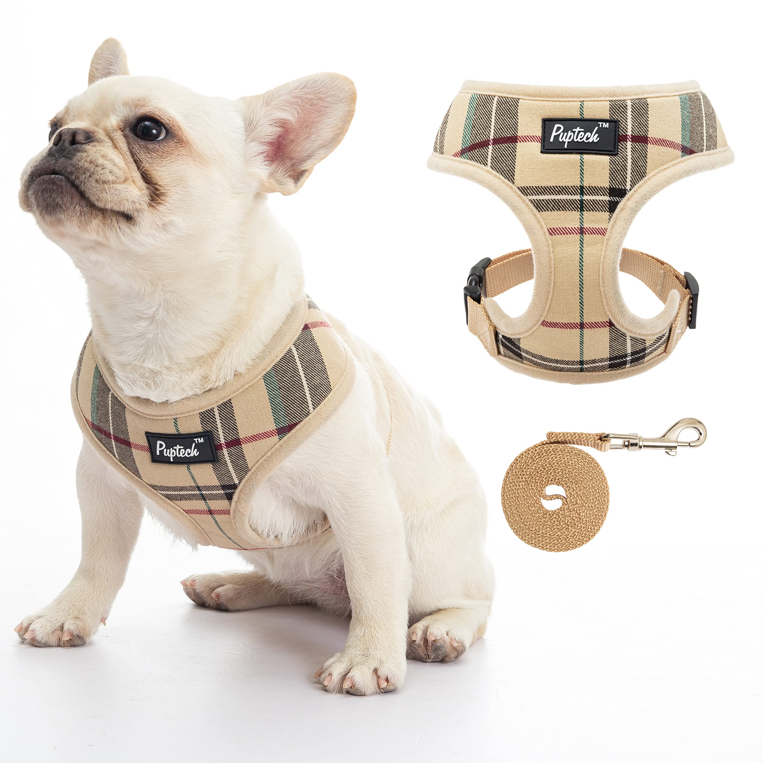 Pupteck Soft Mesh Dog Harness And Leash Set Pet Puppy Cat Comfort Padded Vest No Pull Harnesses, Blue&Brown, S