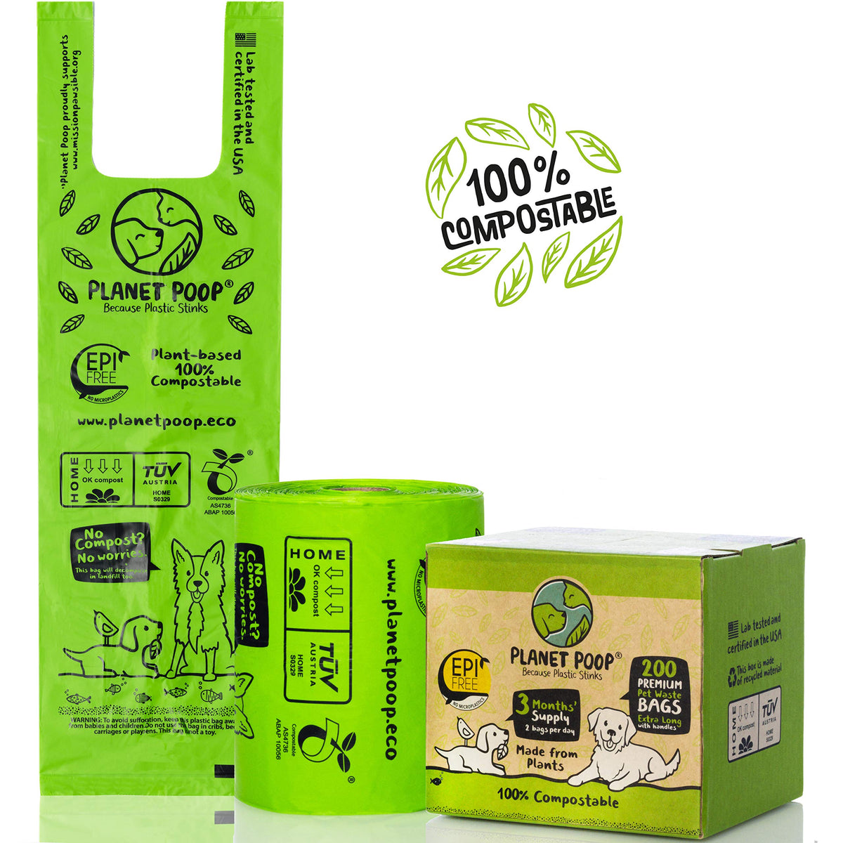 Planet Poop Home Compostable Dog Poop Bags Extra Long With Handles | Large Single Roll 200 Grab & Go | Un-Scented Dog Waste Bag 