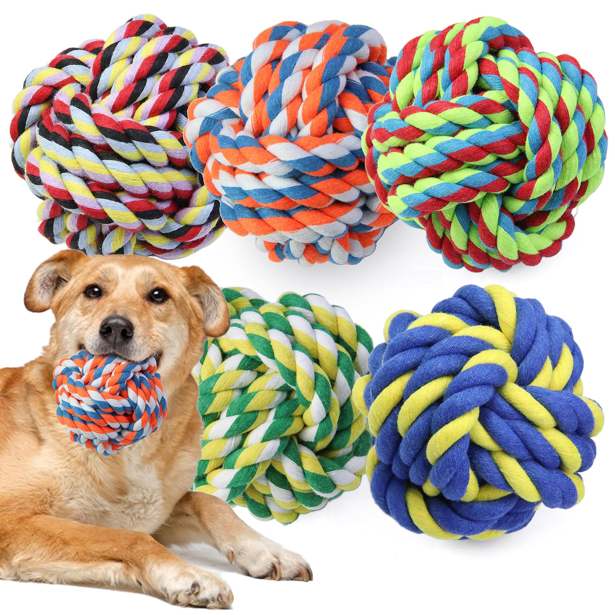 Gasapet Extra Large Dog Chew Ball Rope Toys For Aggressive Chewers, 5 Pack Durable Balls Toy For Medium Large Breeds, Dental Cot