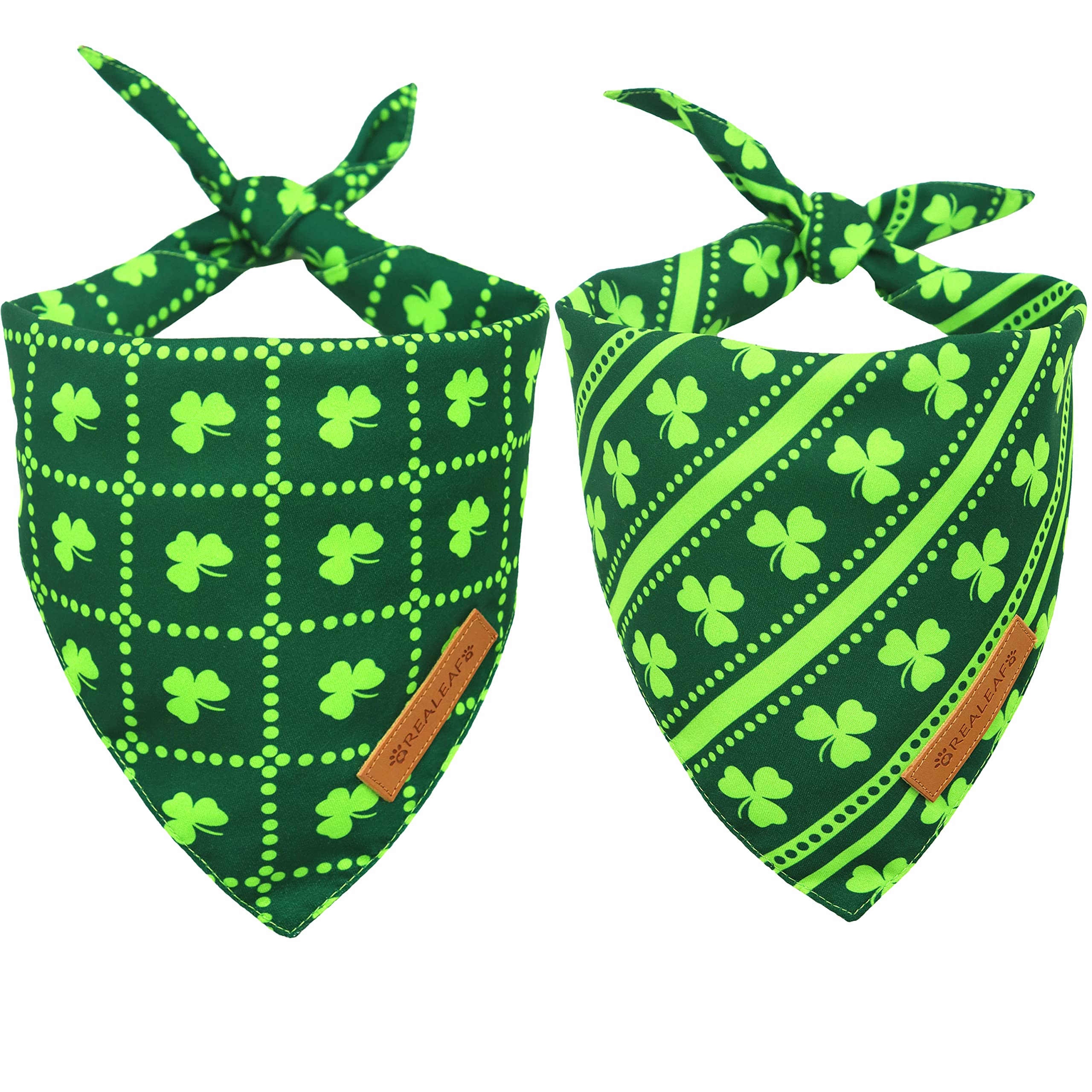 Realeaf St. Patrick'S Day Dog Bandanas 2 Pack, Reversible Green Shamrock Pet Scarf For Boy And Girl, Premium Durable Fabric, Holiday Bandana For Small Medium Large And Extra Large Dogs (Large)