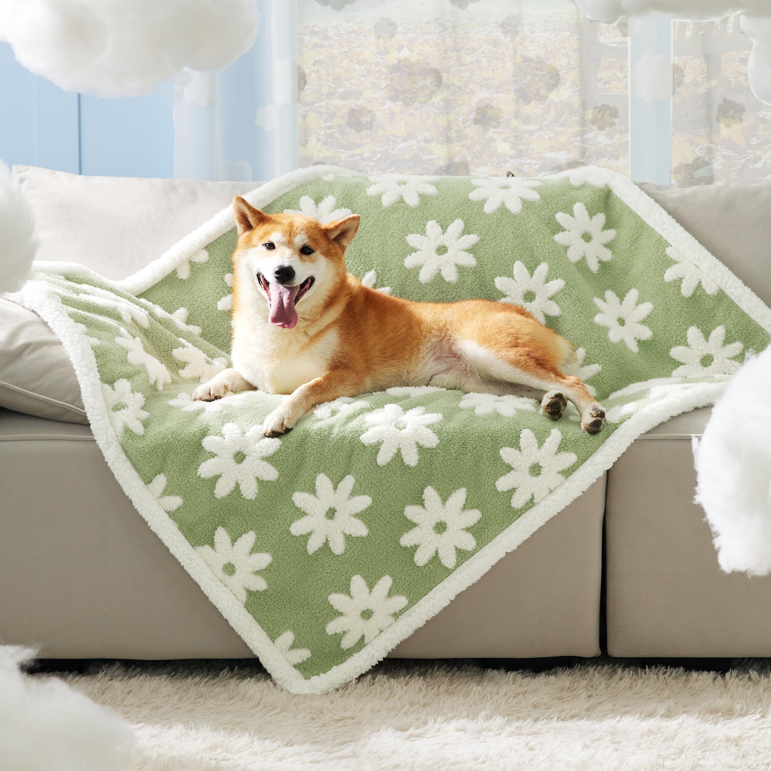Lesure Waterproof Dog Blanket For Large Dogs - Washable Double Sided Dog Blankets With Warm Jacquard Shag And Soft Sherpa Fleece, Pet Cat Blanket For Couch Protection, 3D Textured Cloud, Green