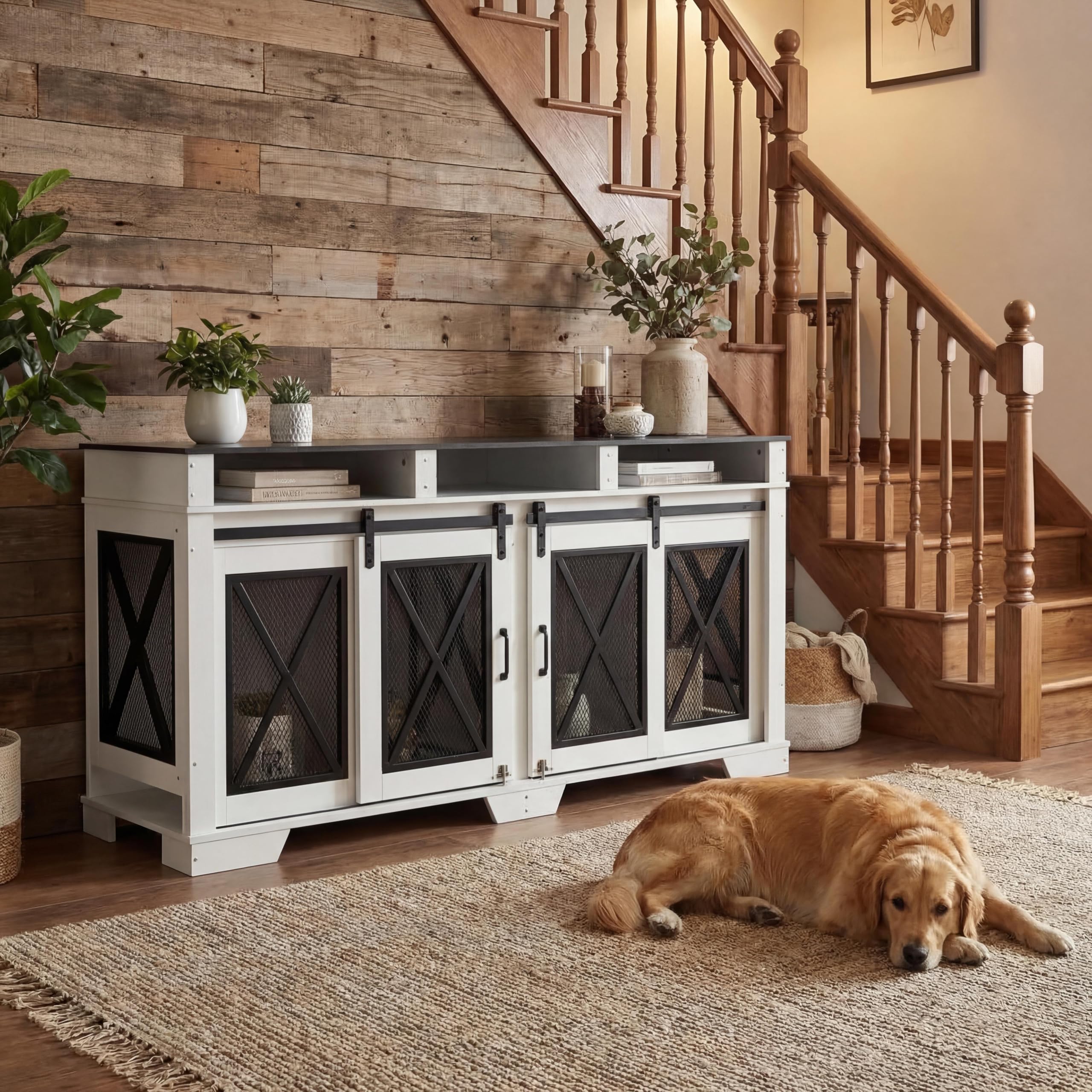 Garvee 71 Double Dog Crate Furniture with Divider, Heavy Duty Wood & Metal Dog Cage for Large Dogs, Dual Compartment Dog Kennel 