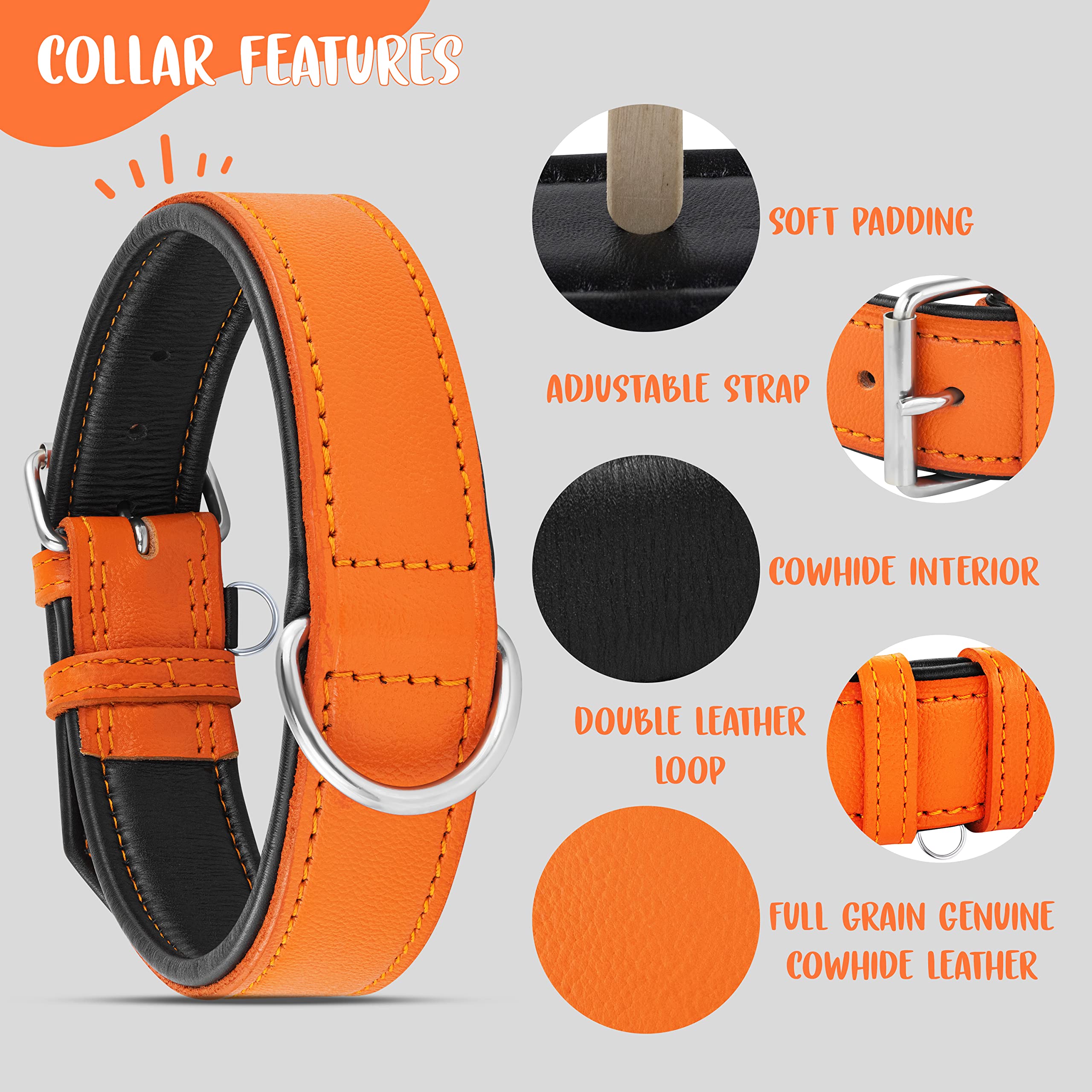 Riparo Orange Leather Dog Collar - Padded Heavy Duty Wide Dog Collar For Small, Medium, Large And Extra Large Dogs With Dog Tag