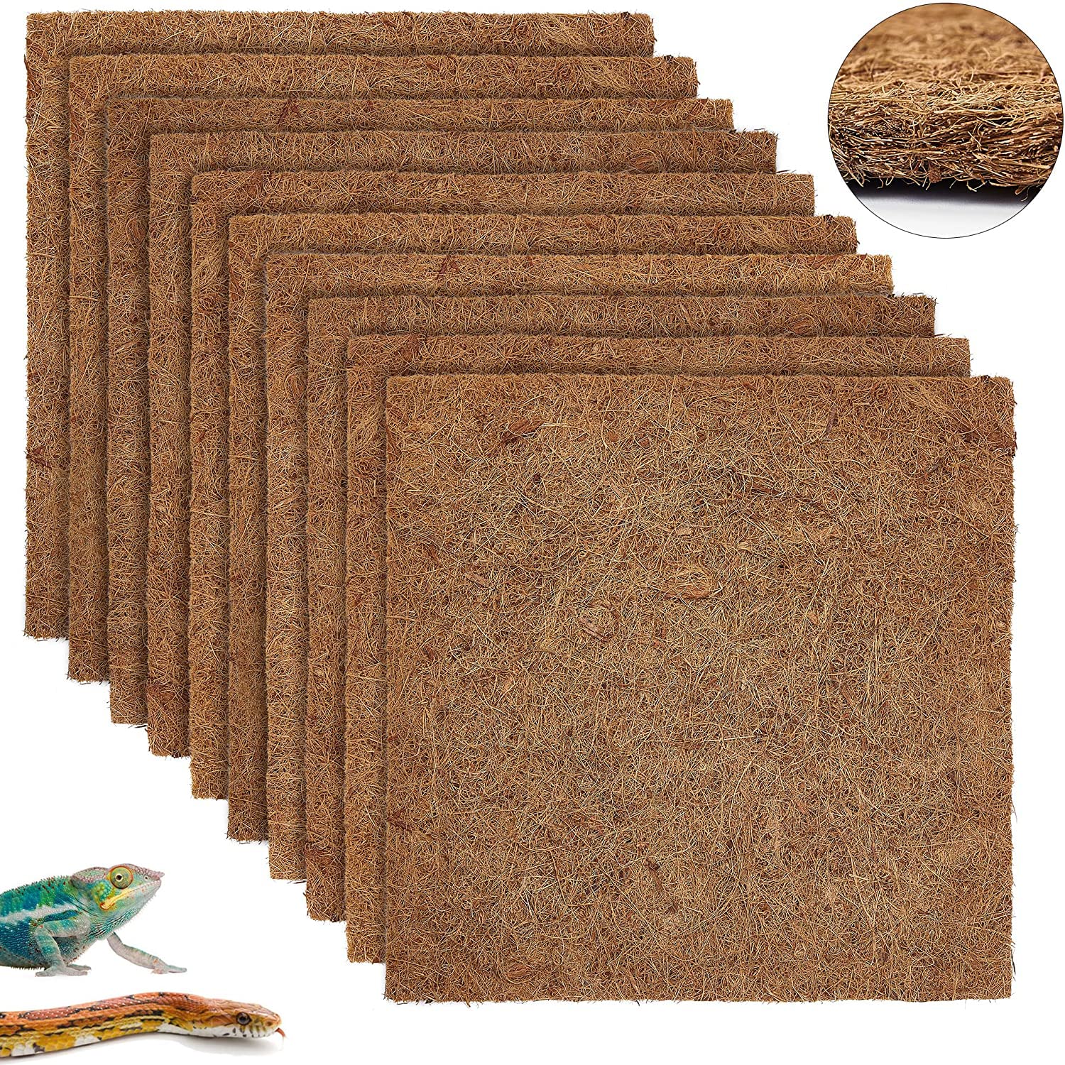ZeeDix 10 Pieces Reptile Carpet- 12 x 12 inches Natural Coconut Fiber Pet Mat Tortoise Carpet Mat Coco Fiber Substrate Liner Pet
