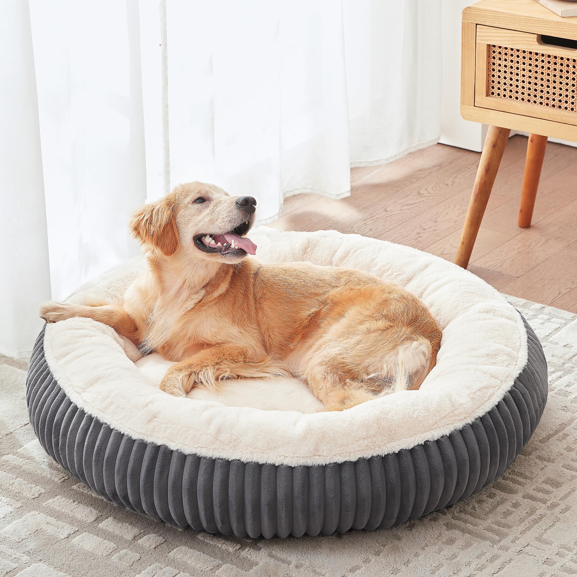 BedStill 36 inches Donut Dog Bed for Large Dogs - Calming Round Pet Bed with Removable Cover,Washable Milk Plush Faux Fur, Fits 