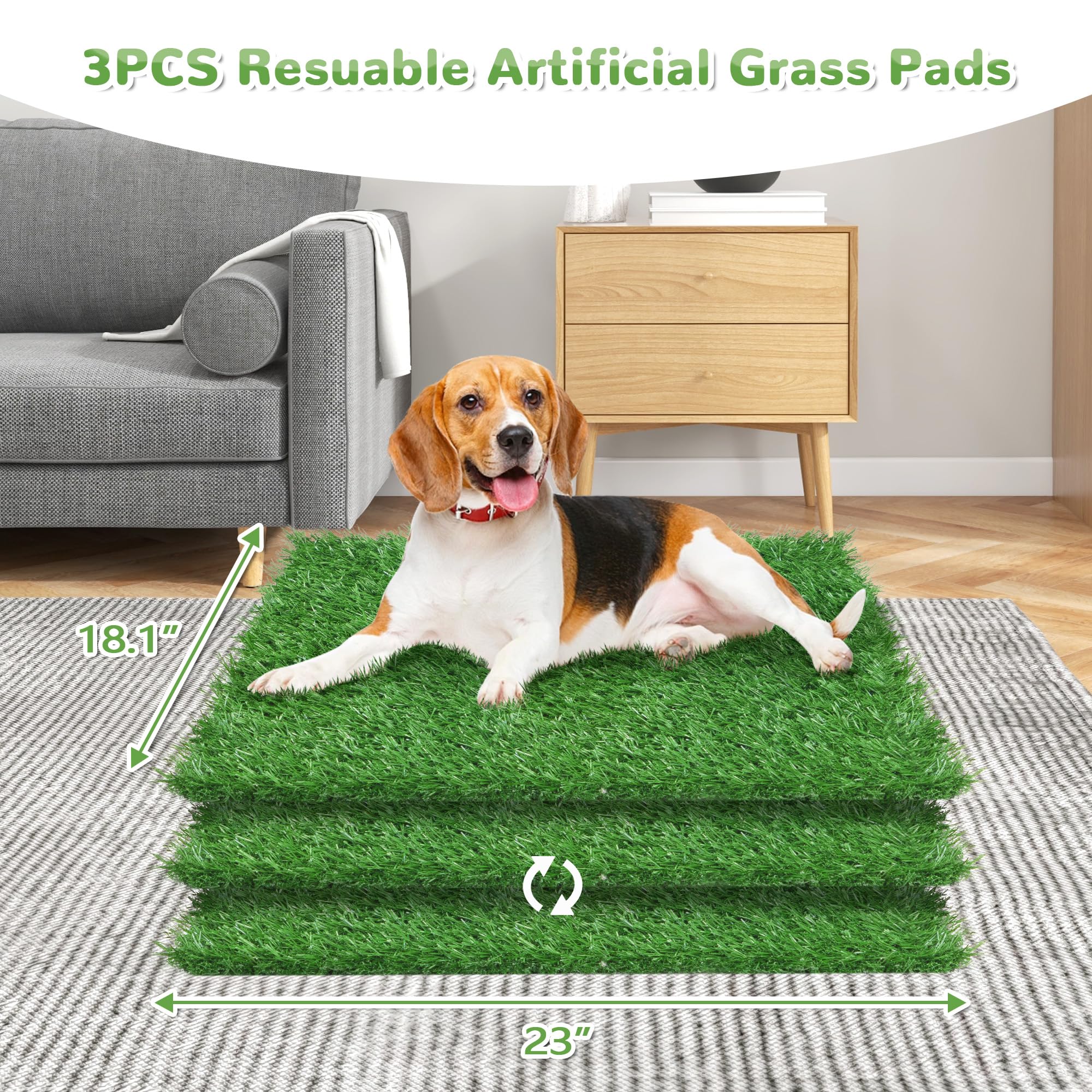 25'' x 20'' Dog Grass Pad with Tray, 3PCS Washable Artificial Grass Pee Pads for Indoor Dog Potty, Portable Reusable Pet Toilet