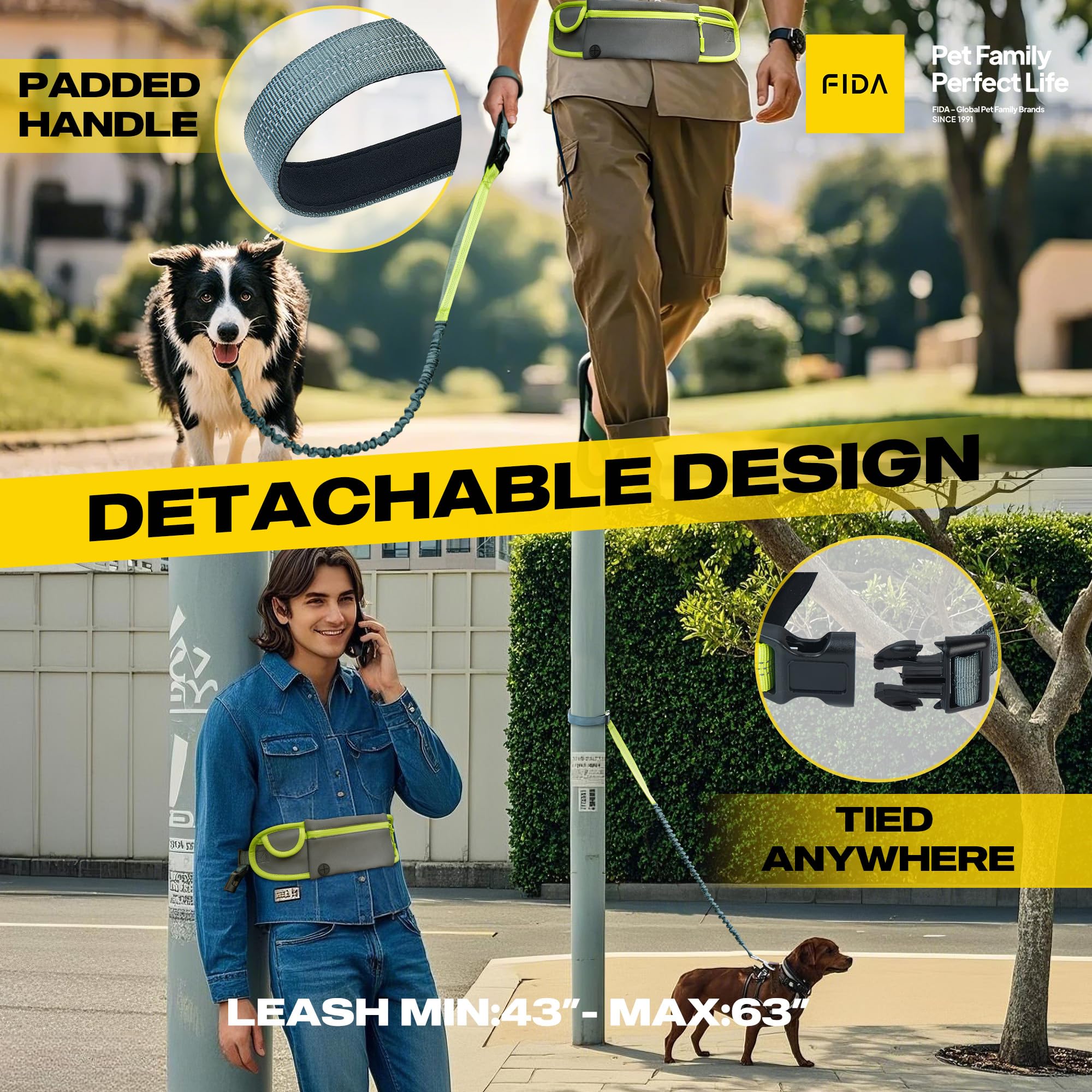 Fida 3-In-1 Hands Free Dog Leash With Zipper Pouch & Bungee, Reflective Crossbody Waist Running Leash For Dogs With Traffic Hand