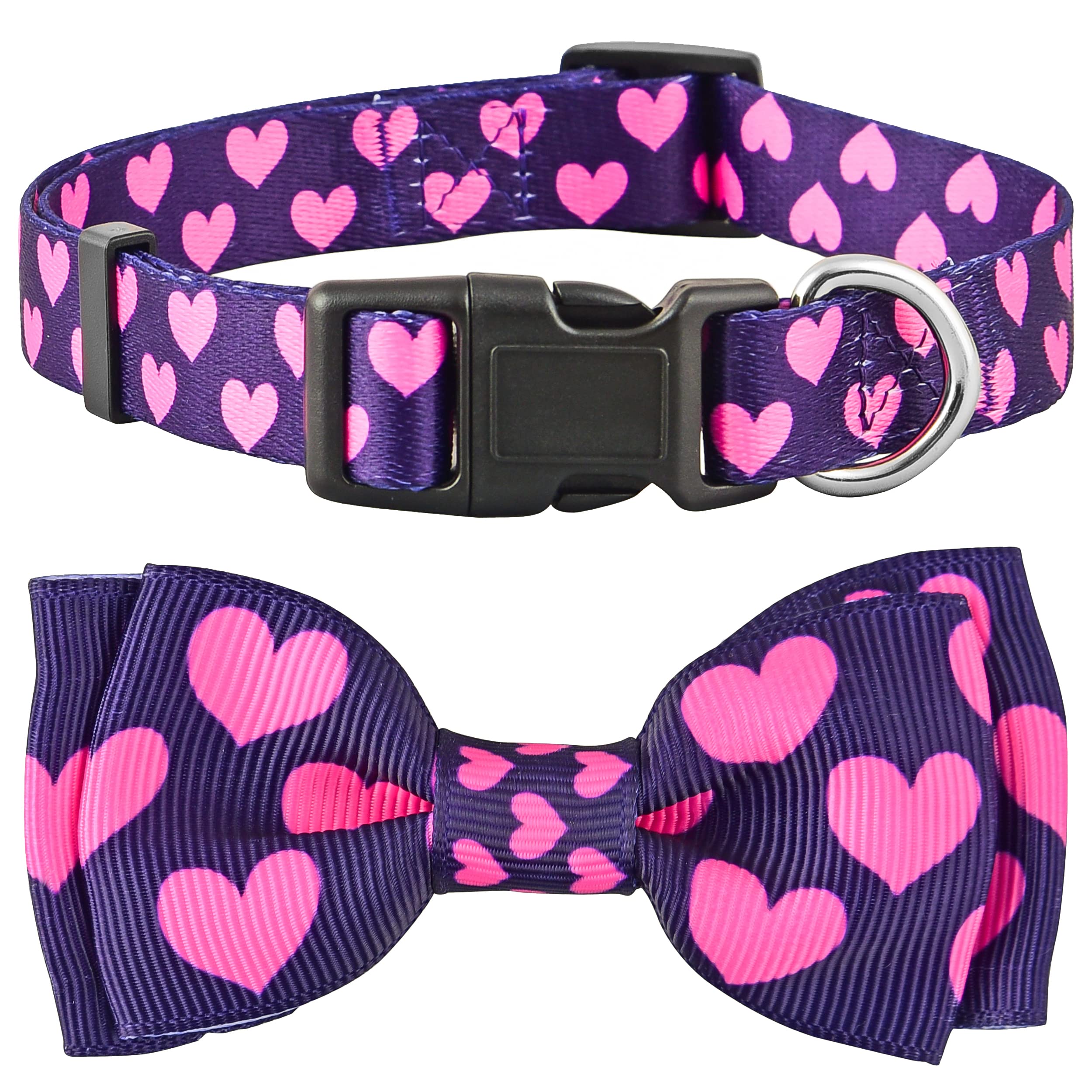 Valentine Dog Collar With Bowtie, Heart Bow Tie, Valentine'S For Large, Medium And Small Dogs (Large, Valentine'S Pink Hearts)