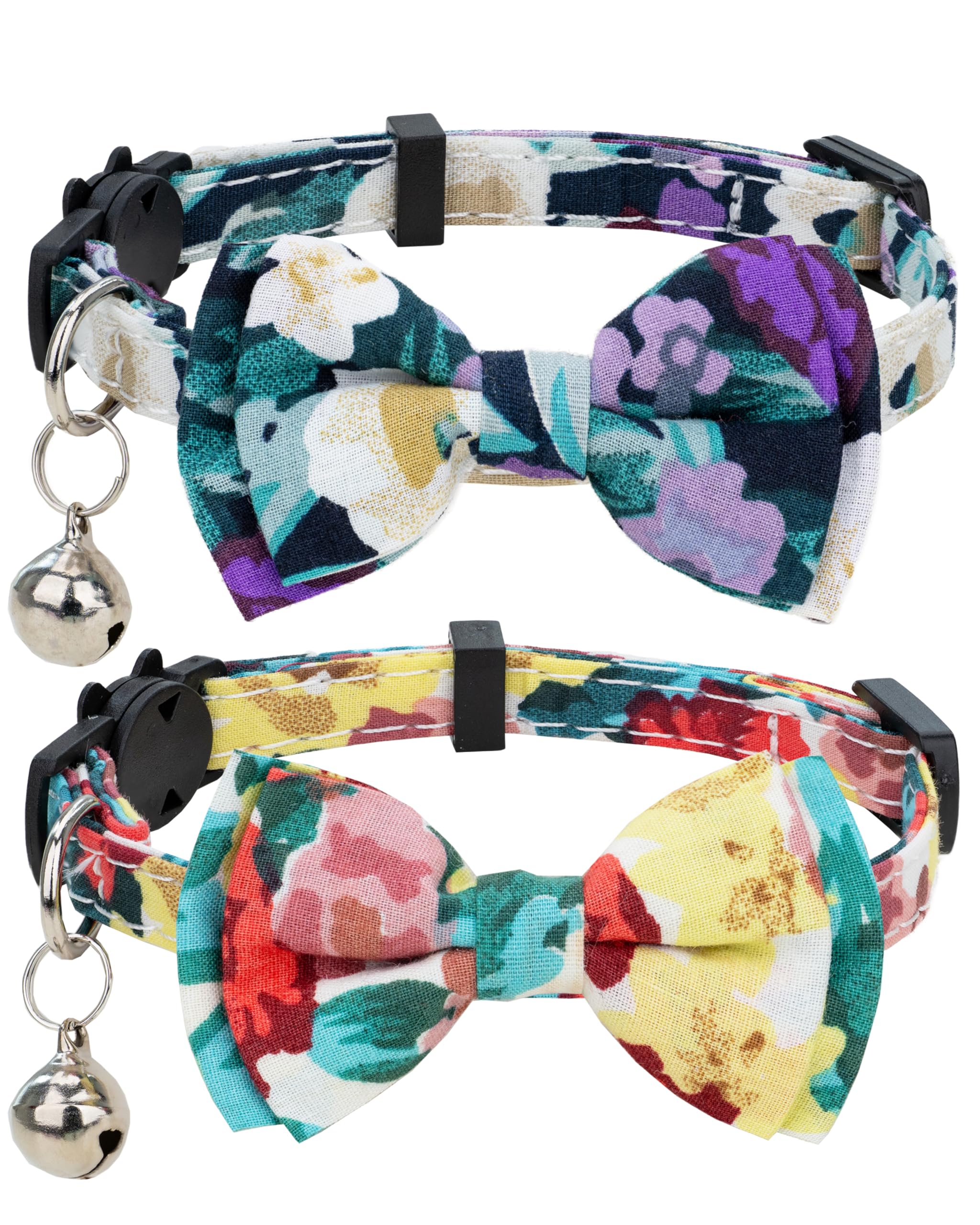 Gyapet Collar For Cat Pet Breakaway With Bell Bowtie Detachable Bow Adjustable Safety Kitten Puppy Girl Boy 2Pcs Yellow & Purple