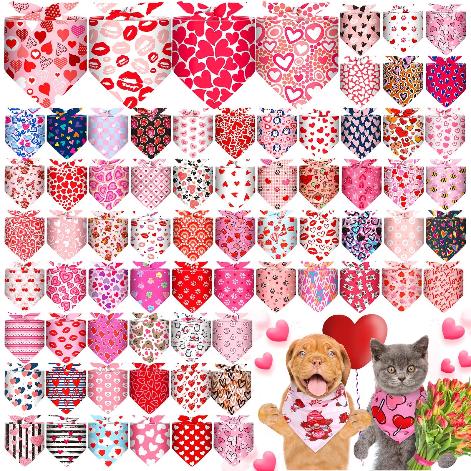 Reginary 72 Packs Valentines Day Dog Bandanas Heart Adjustable Pet Bandanas Triangle Scarf Dog Bibs For Pet Costume Accessories 