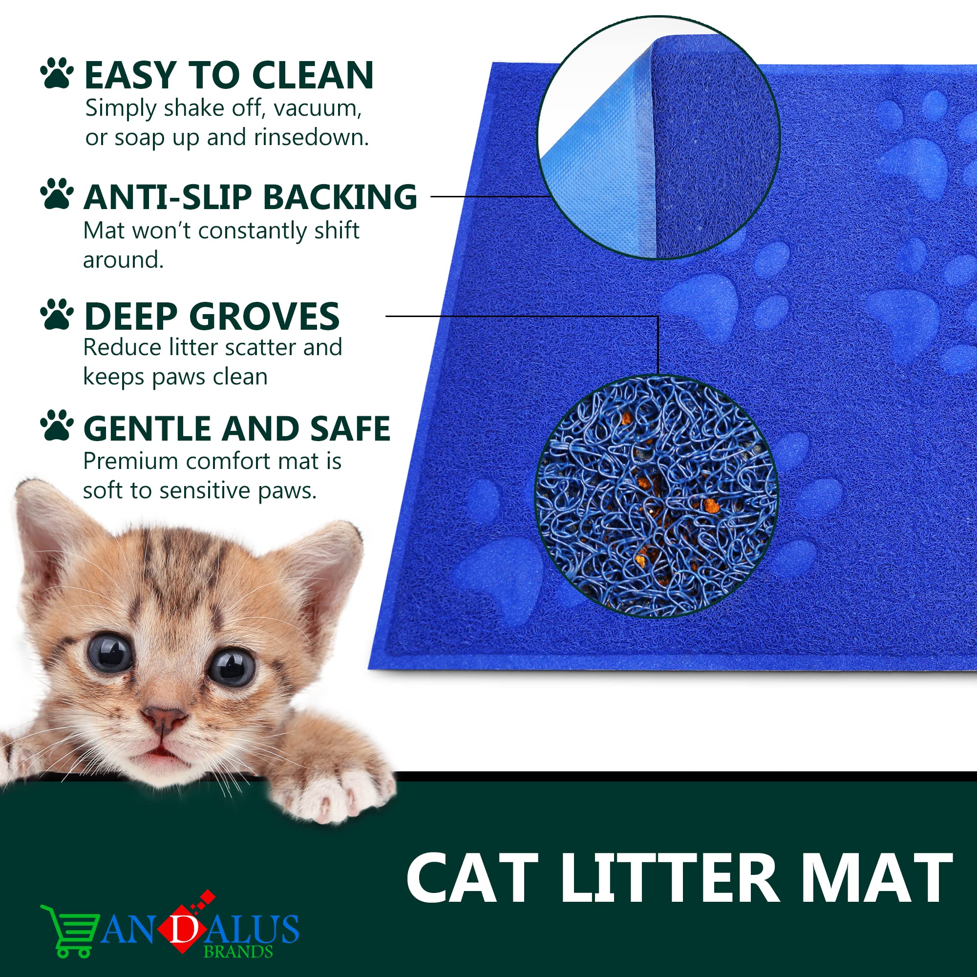 Andalus Premium Cat Litter Mat Pack Of 2-100% Waterproof With Non-Slip Backing Of Litter Box Mat - Soft On Kitty Paws & Easy To Clean Cat Mats For Litter - Blue, Small (15.75' X 11.75')