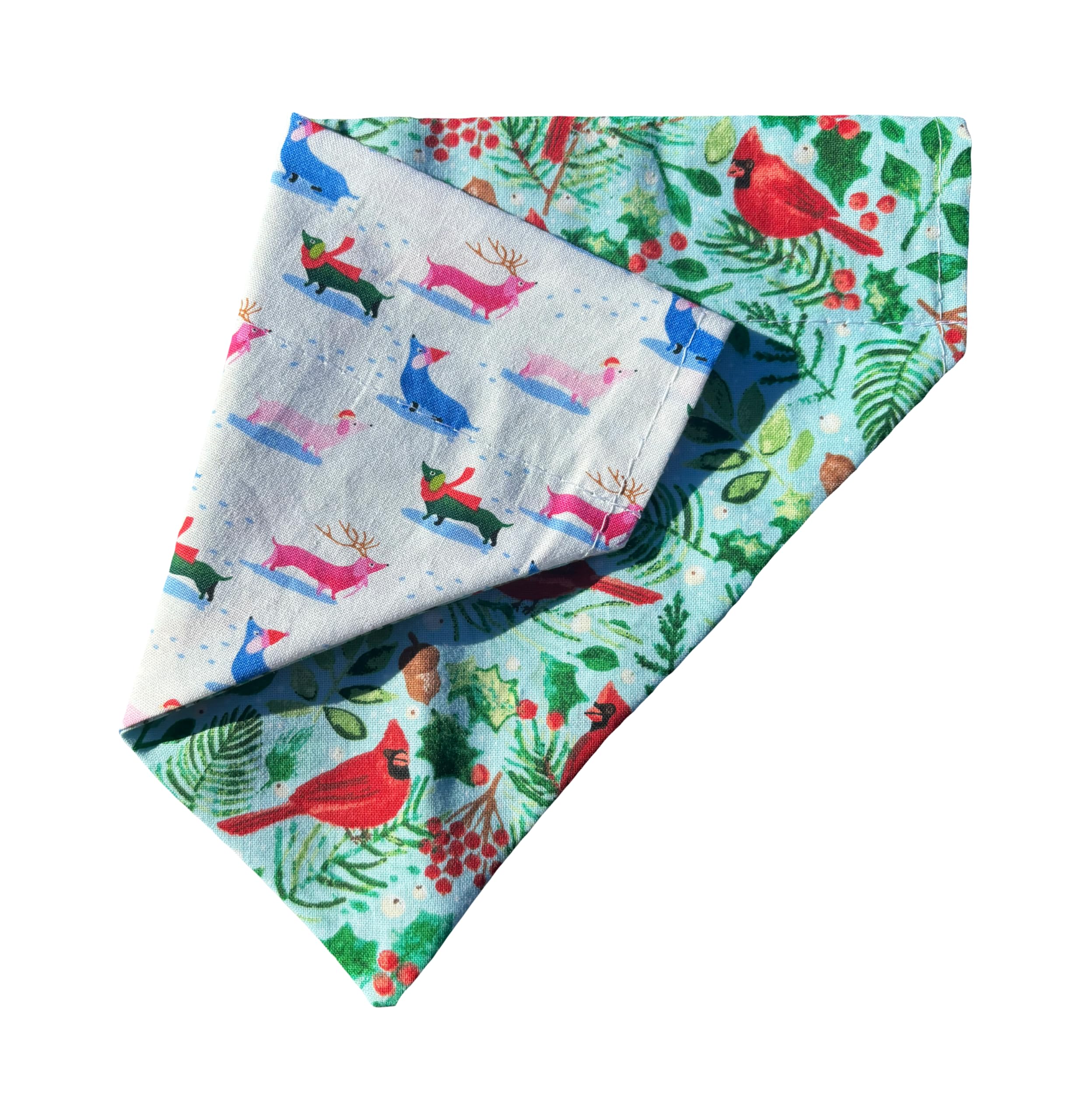Christmas Bandana | Blue | Dogs | Birds | Winter | Snow | Reversible Dog Bandana | Slip Over The Collar Bandana | For Small Medi