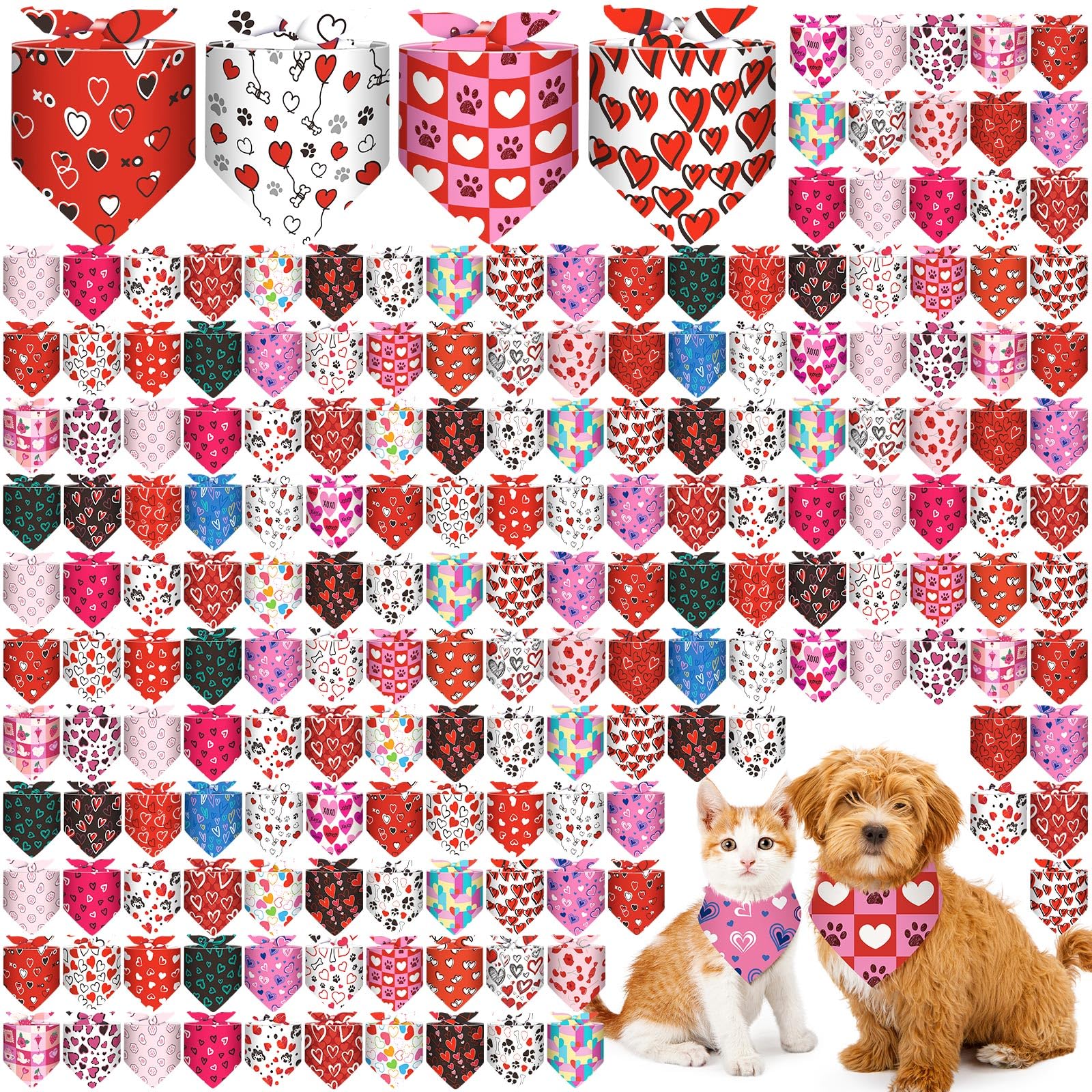 Aliceset 180 Pcs Valentine Dog Bandana Bulk Heart Bandanas For Dogs Adjustable Washable Pet Triangle Scarf Cute Red Pink Kerchie