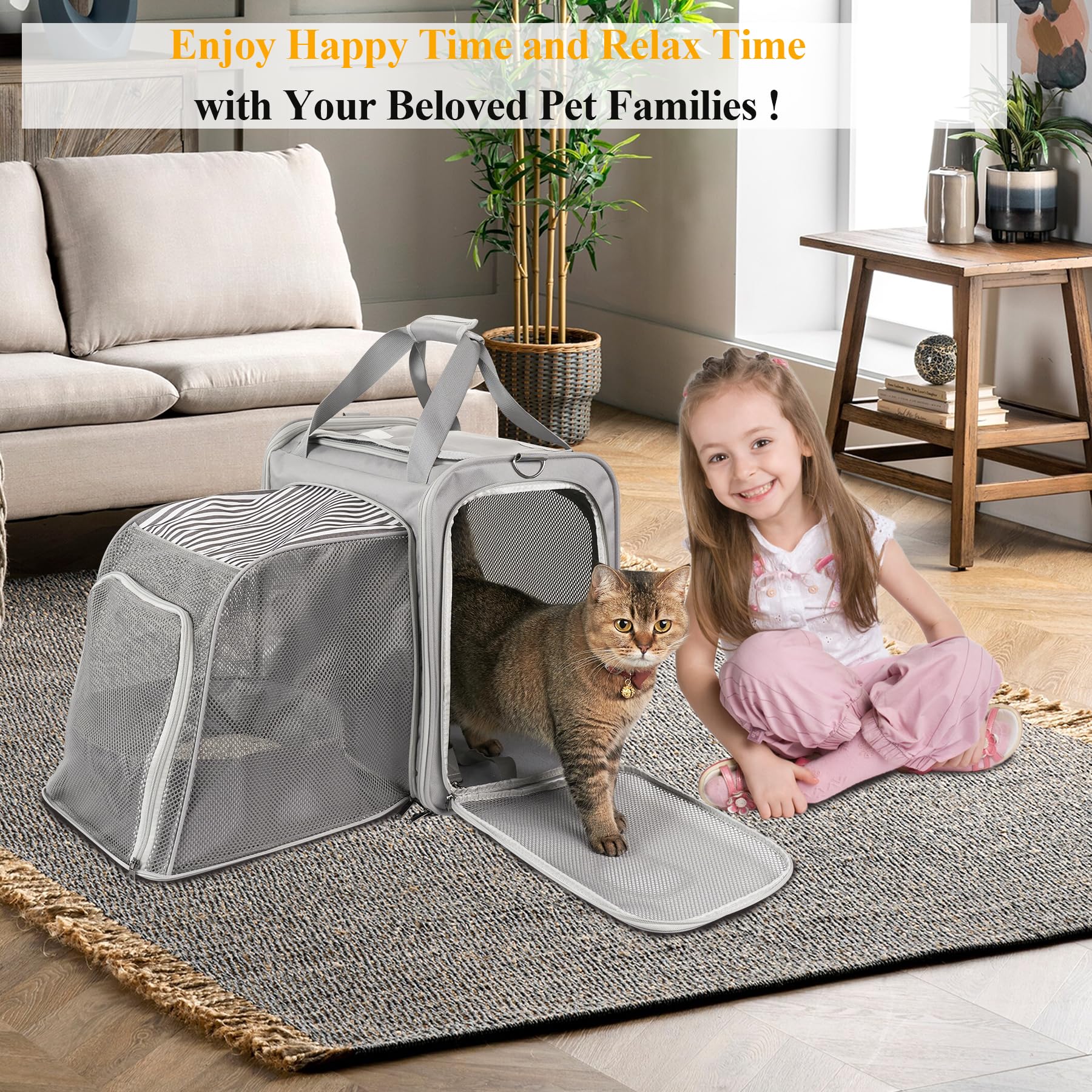 Cat Carrier With Litter Box - Large Travel Cat Carrier Fits Pets Up To 20 Lbs With Inner Safety Strap Escape-Proof Zippers, Port