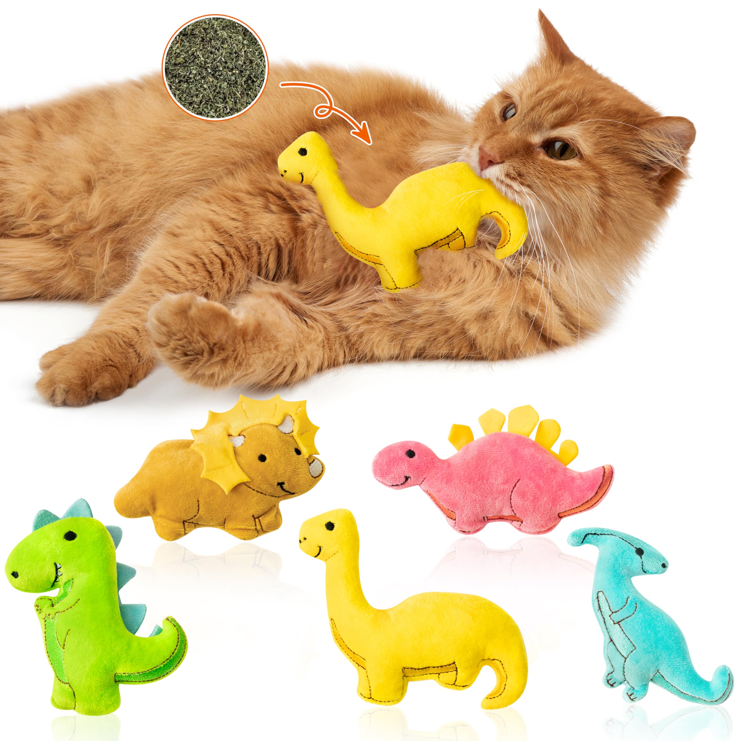 Mallmall6 5Pcs Dinosaur Catnip Toys For Cat, Indoor Cat Chew Bite Kick Catmint Pet Supplies For Kitten Lover Gifts, Interactive 