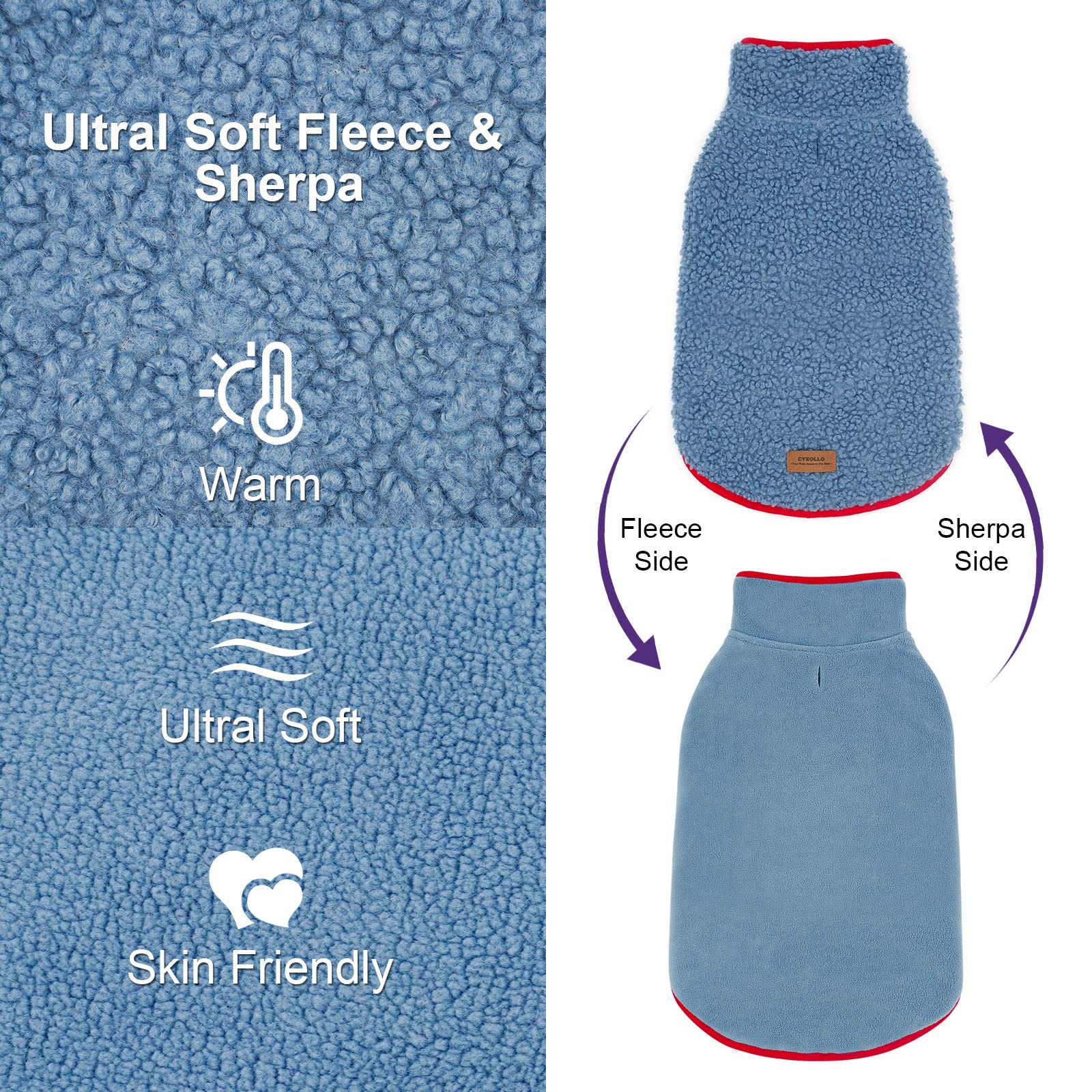 Cyeollo Reversible Sherpa Fleece Dog Jacket - Warm Winter Coats For Small Dogs, Blue Xl