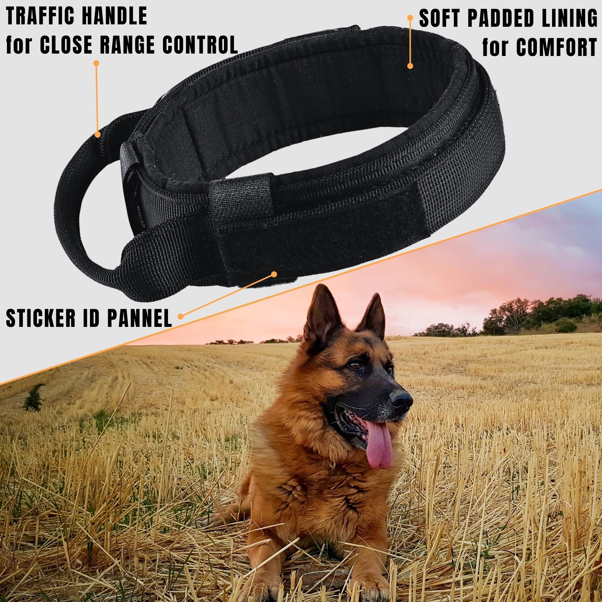 Adityna Tactical Dog Collar For Medium Dogs - Soft Padded, Heavy Duty, Service, Adjustable, Military, K9 Black Medium Collar Wit