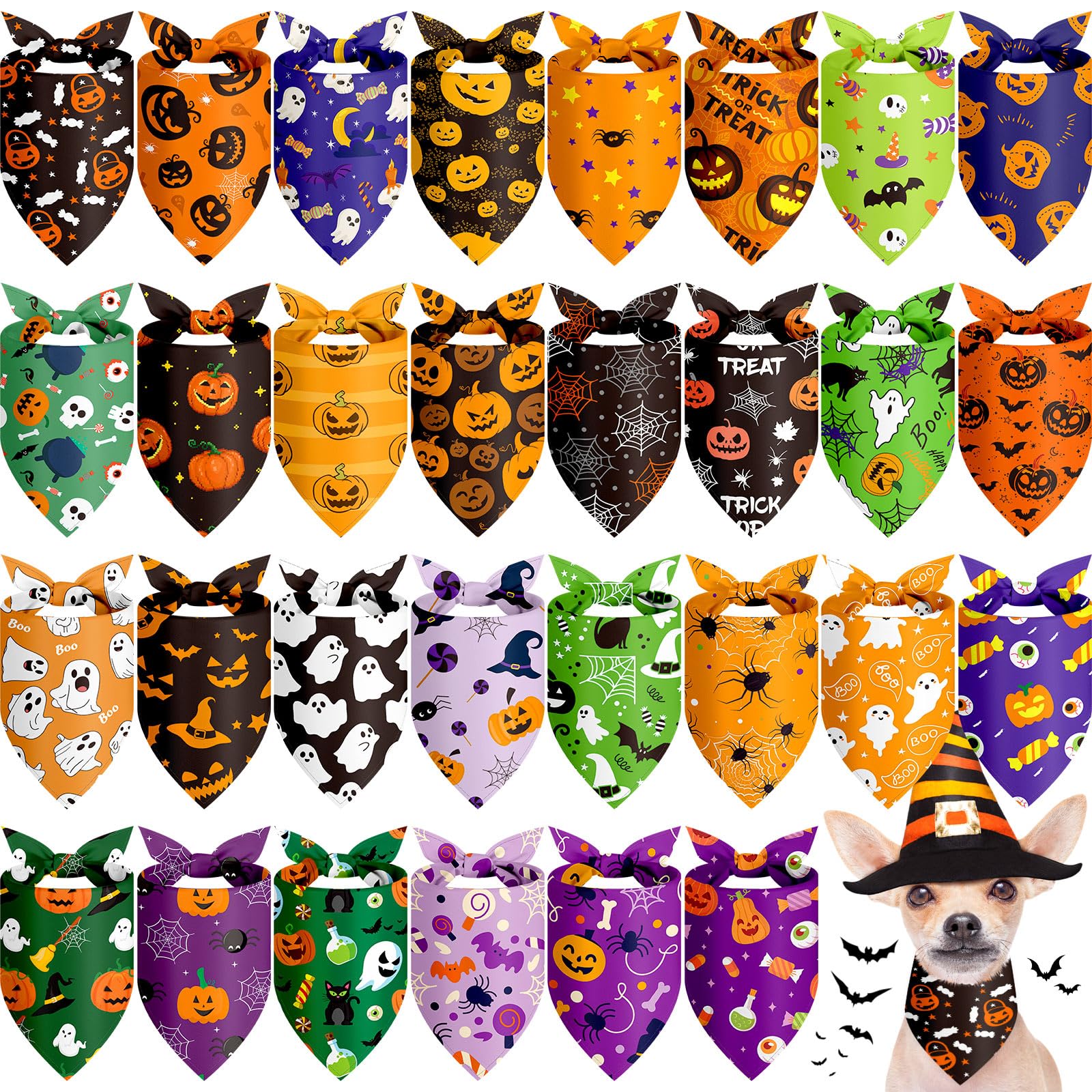 Chunful 30 Pcs Halloween Dog Bandanas Bulk Triangle Bandanas for Dogs Grooming with Pumpkin Ghost Patterns Soft Bibs Adjustable 