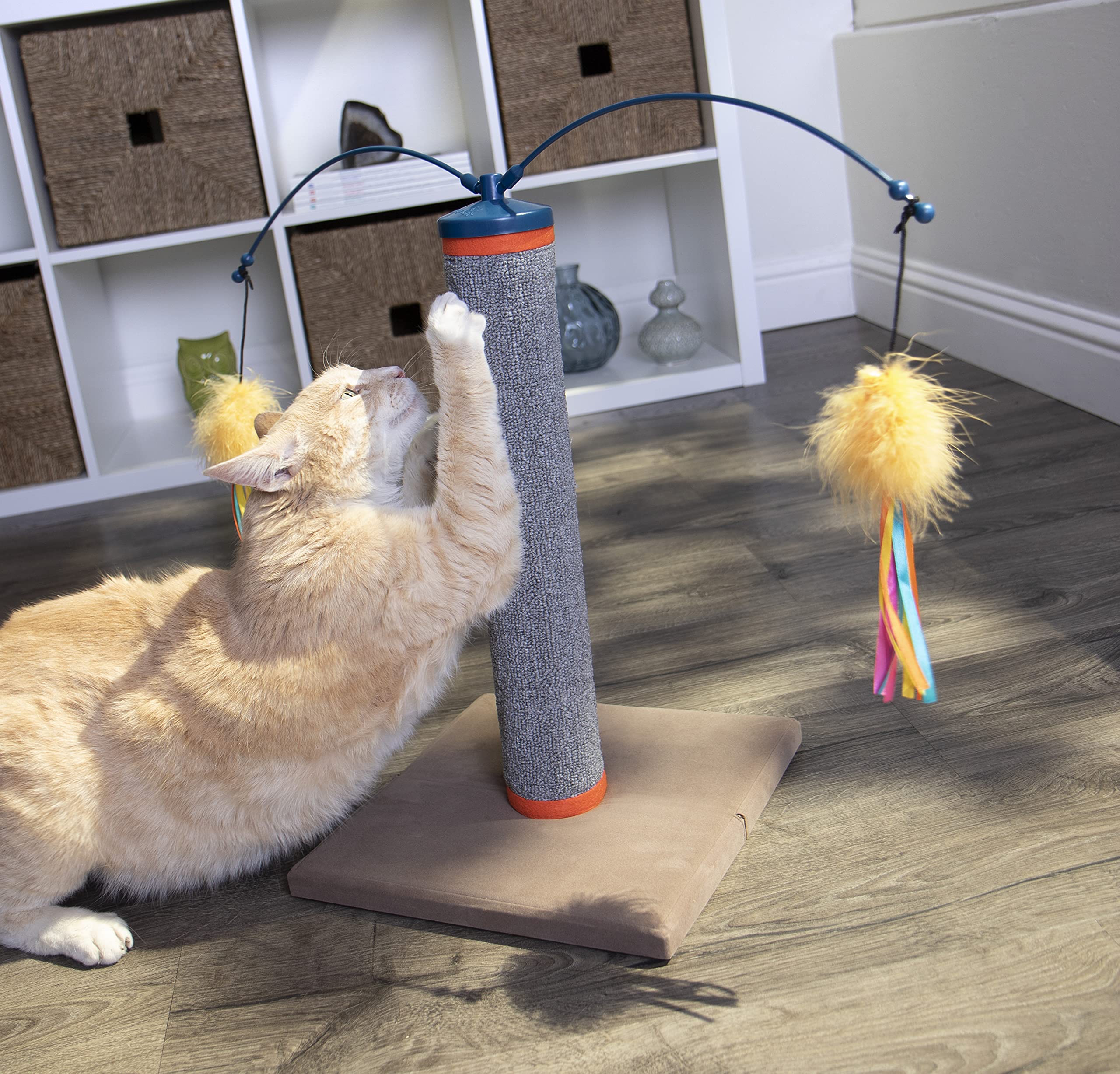 SmartyKat Scratch N Spin Carpet Cat Scratching Post with 2 Spinning Wand Toys, Plus 2 Replacement Wands - Gray & Blue