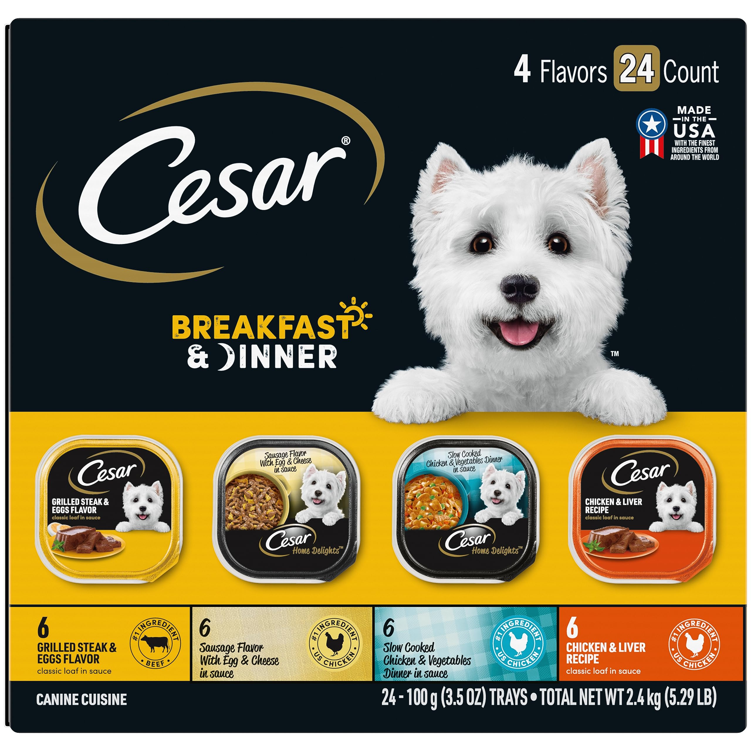 Cesar Wet Dog Food Home Delights & Classic Loaf in Sauce, Breakfast & Dinner Variety Pack, 3.5 oz. Easy Peel Trays (24 Count, Pa