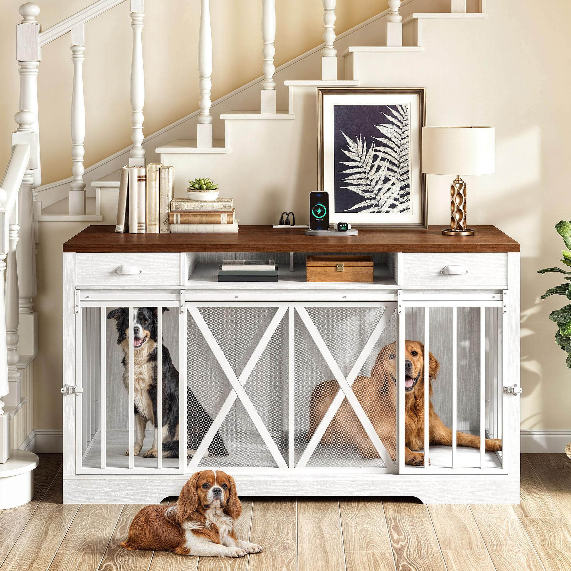 DWVO Double Dog Crate Furniture, Heavy Duty Wooden TV Stand, 62.6"L x 23.2"W x 35.4"H, White, Model MADWVd2h6